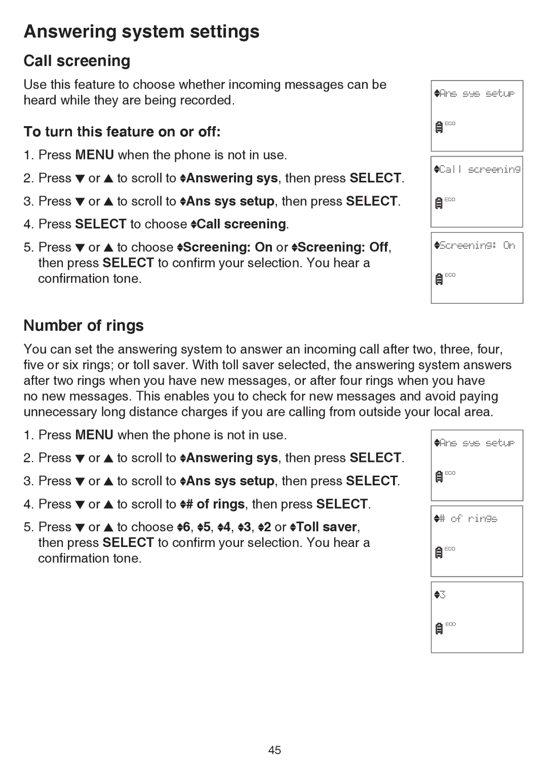 VTech CS6529-4B, CS6529-3, CS6529-25, CS6529-17, CS6529-14 Call screening, Number of rings, To turn this feature on or off 