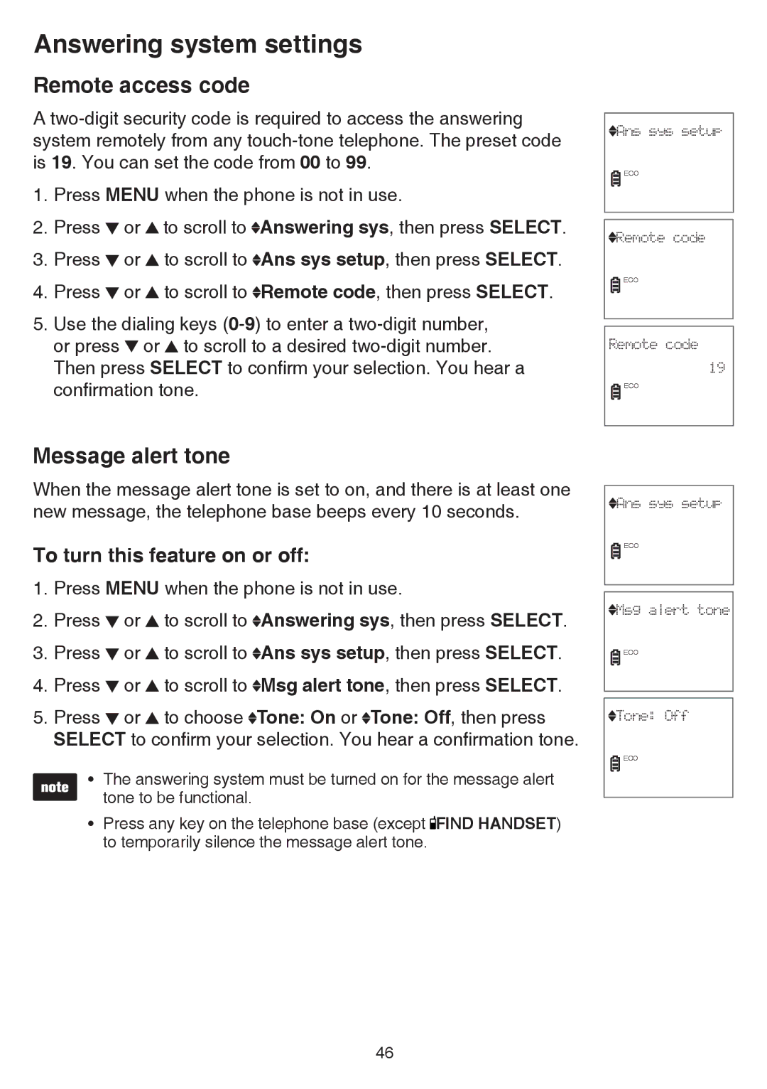 VTech CS6529-16, CS6529-4B, CS6529-3, CS6529-25, CS6529-17, CS6529-14, CS6529-26 Remote access code, Message alert tone 