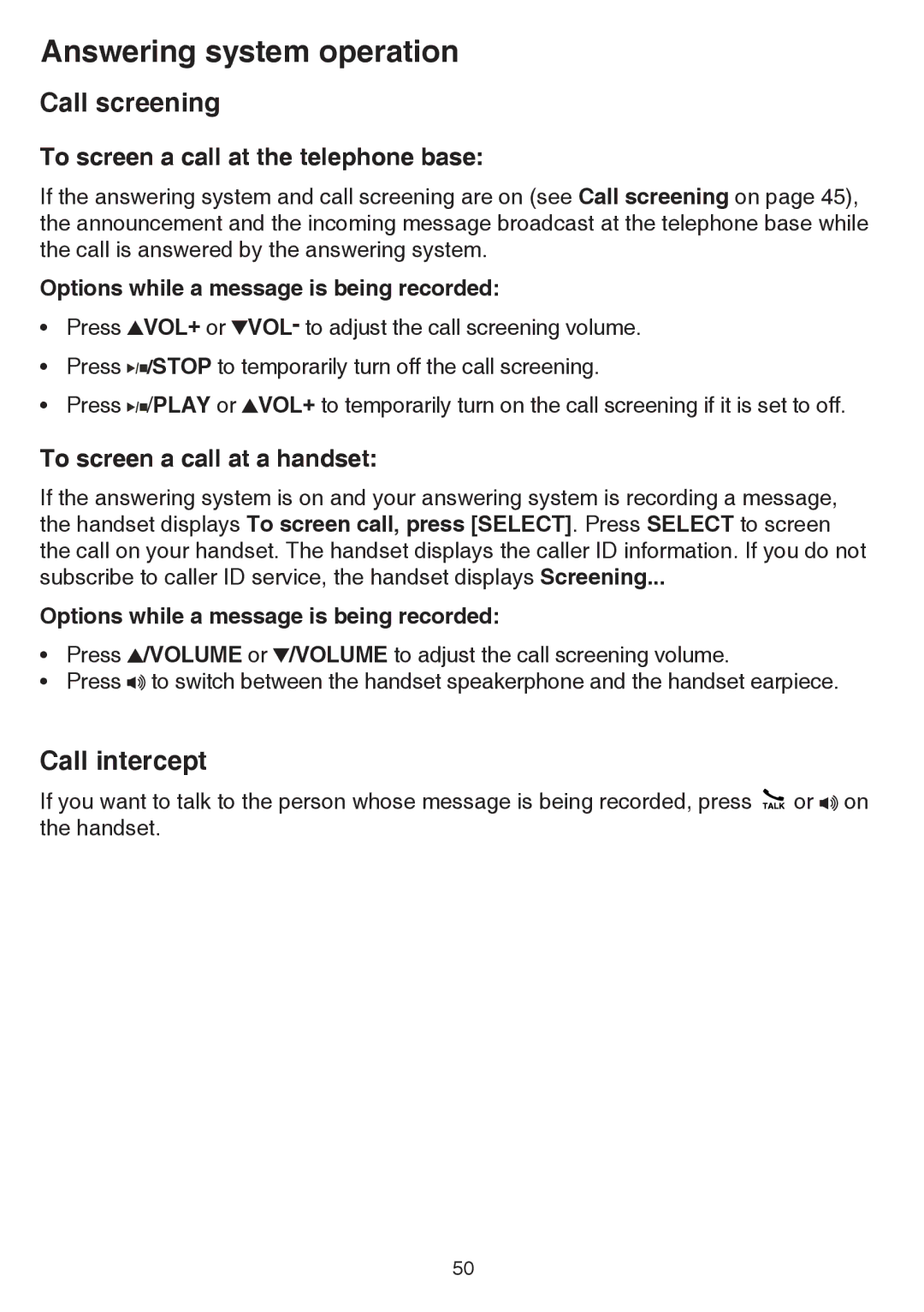 VTech CS6529-19, CS6529-4B, CS6529-3 Call intercept, To screen a call at the telephone base, To screen a call at a handset 