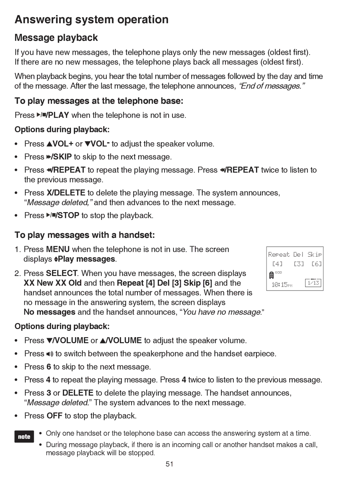 VTech CS6529-4B, CS6529-3 Message playback, To play messages at the telephone base, To play messages with a handset 