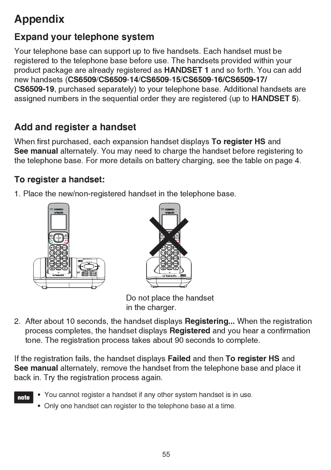 VTech CS6529-14, CS6529-4B Appendix, Expand your telephone system, Add and register a handset, To register a handset 