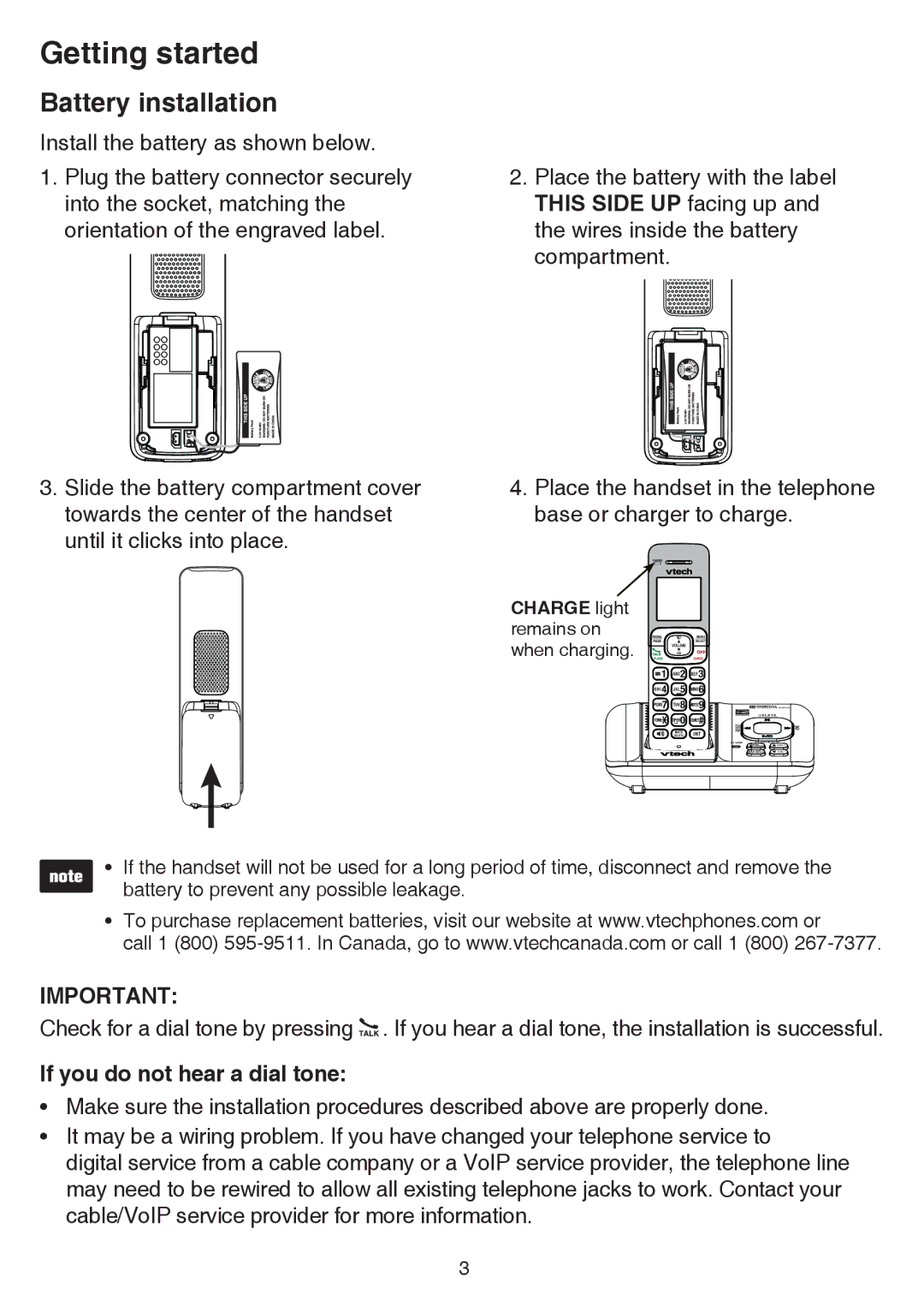 VTech CS6529-26, CS6529-4B, CS6529-3, CS6529-25, CS6529-17, CS6529-14 Battery installation, If you do not hear a dial tone 