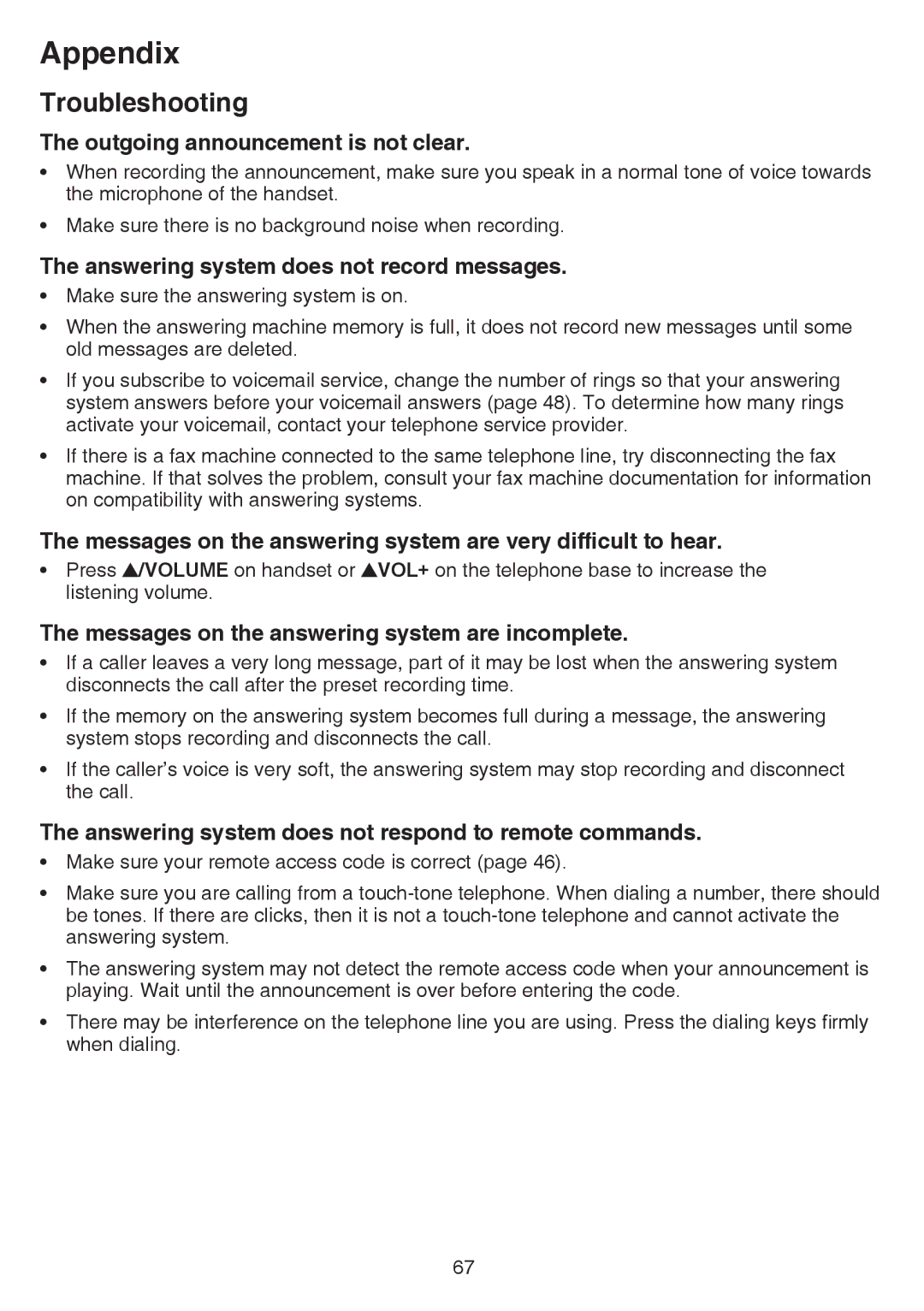 VTech CS6529-4B, CS6529-3, CS6529-25 Outgoing announcement is not clear, Answering system does not record messages 