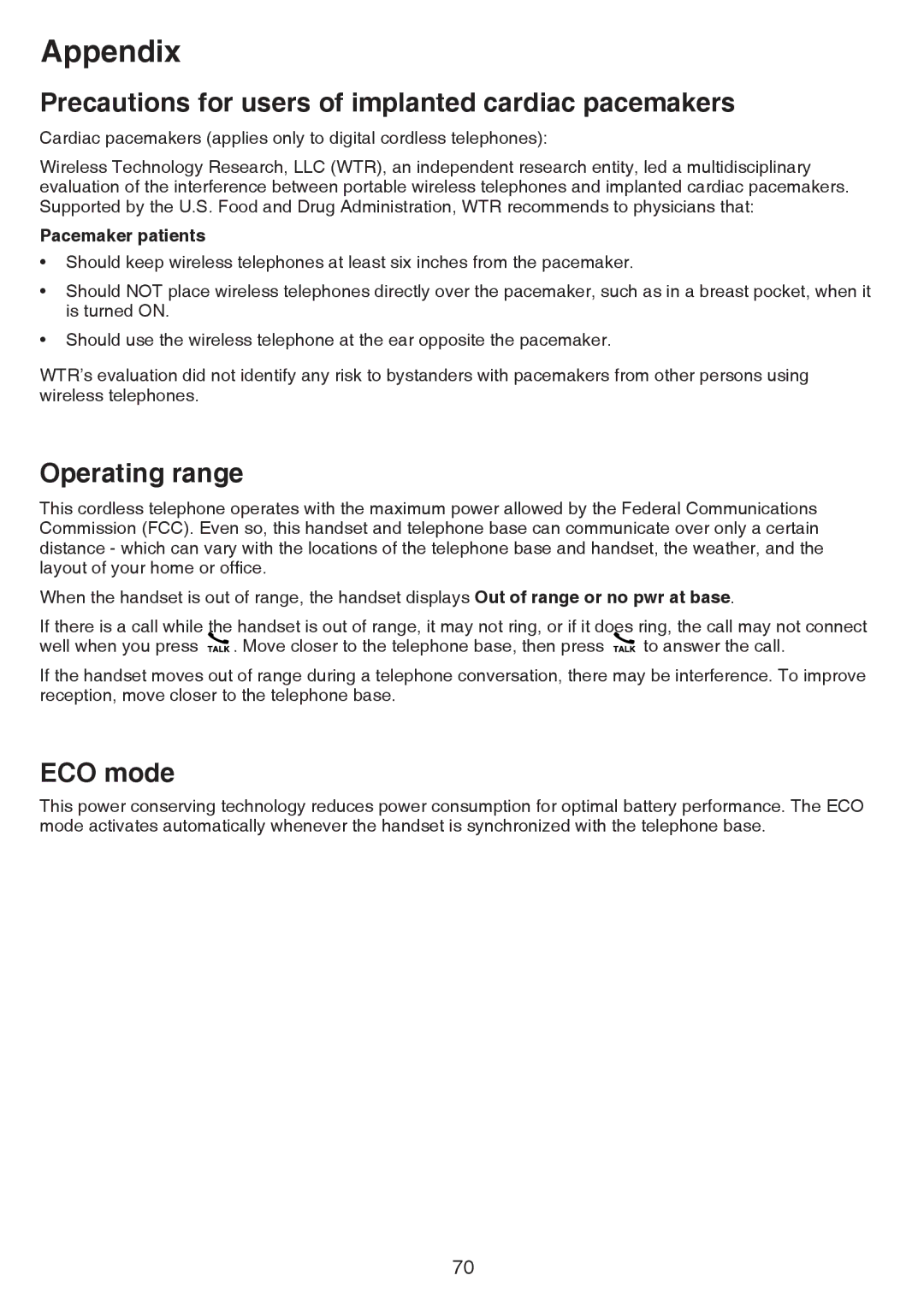 VTech CS6529-2, CS6529-4B, CS6529-3 Precautions for users of implanted cardiac pacemakers, Operating range, ECO mode 