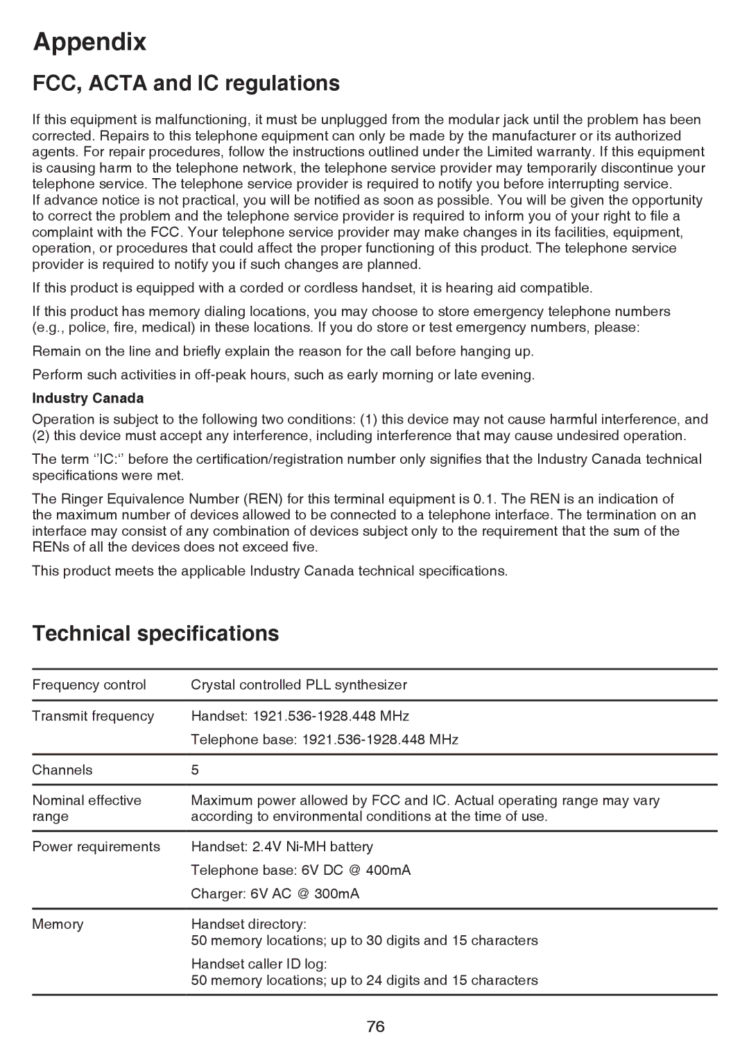 VTech CS6529-17, CS6529-4B, CS6529-3, CS6529-25, CS6529-14, CS6529-16, CS6529-26 Technical specifications, Industry Canada 