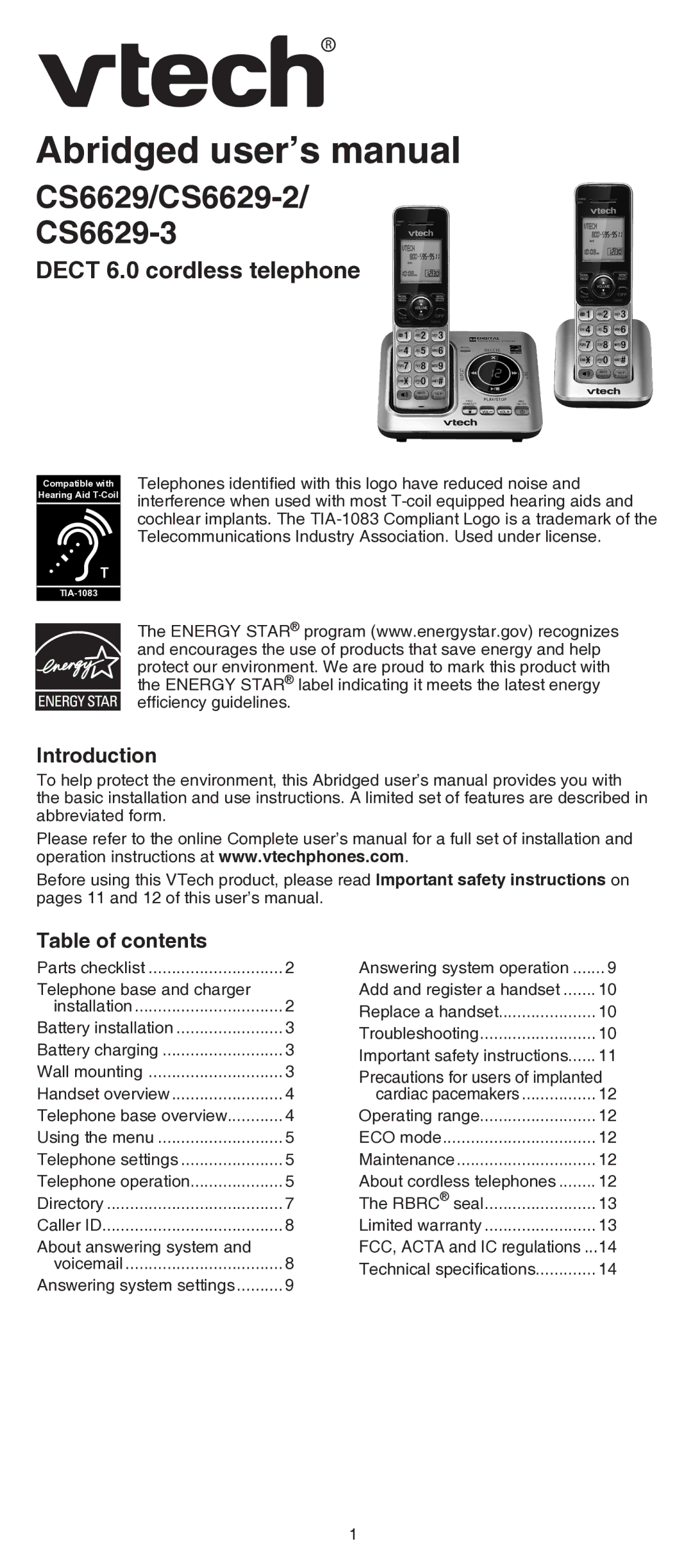 VTech CS6629/CS6629-2/CS6629-3 user manual Introduction, Table of contents 