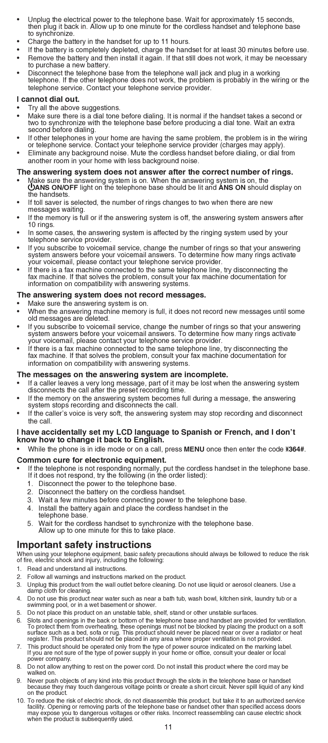 VTech CS6629/CS6629-2/CS6629-3 Important safety instructions, Cannot dial out, Answering system does not record messages 