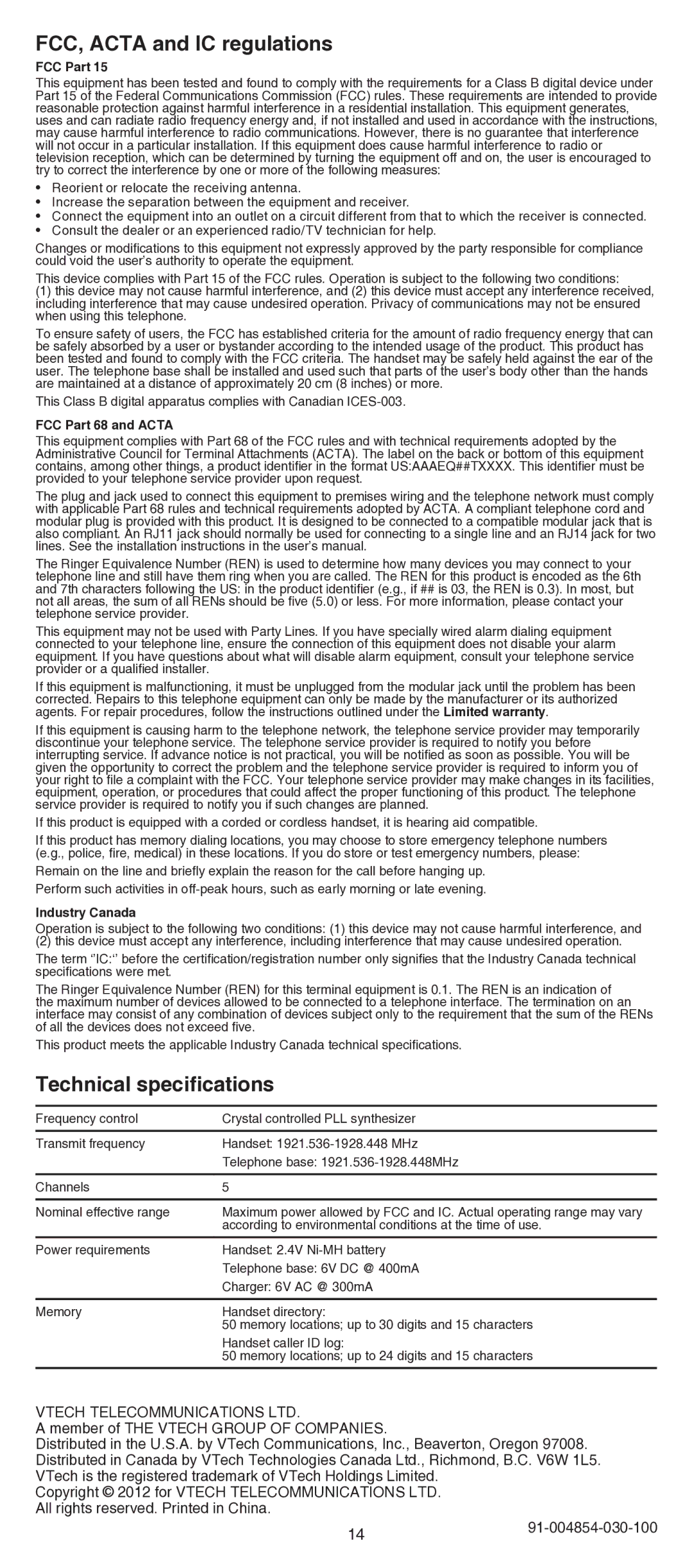 VTech CS6629/CS6629-2/CS6629-3 user manual FCC, Acta and IC regulations, Technical specifications, FCC Part 68 and Acta 