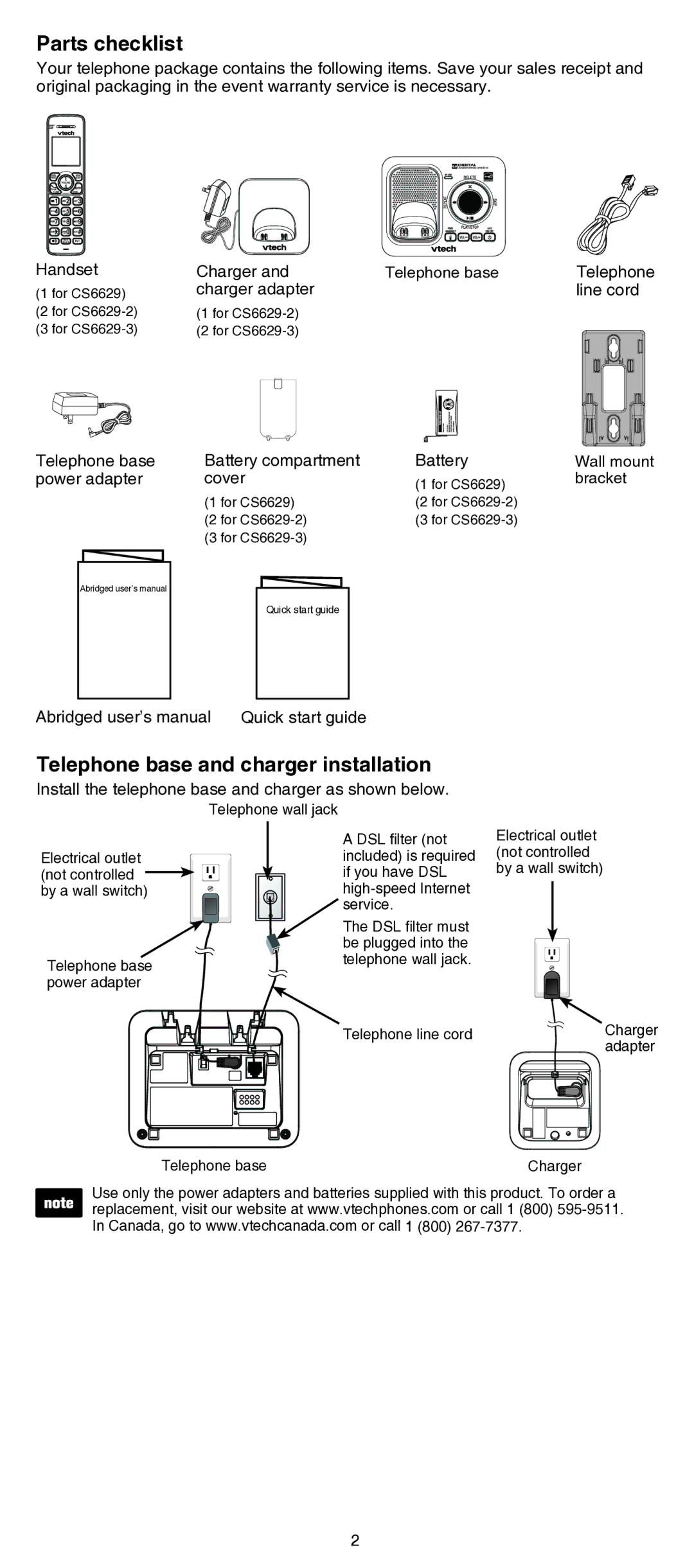 VTech CS6629/CS6629-2/CS6629-3 user manual Parts checklist, Telephone base and charger installation 