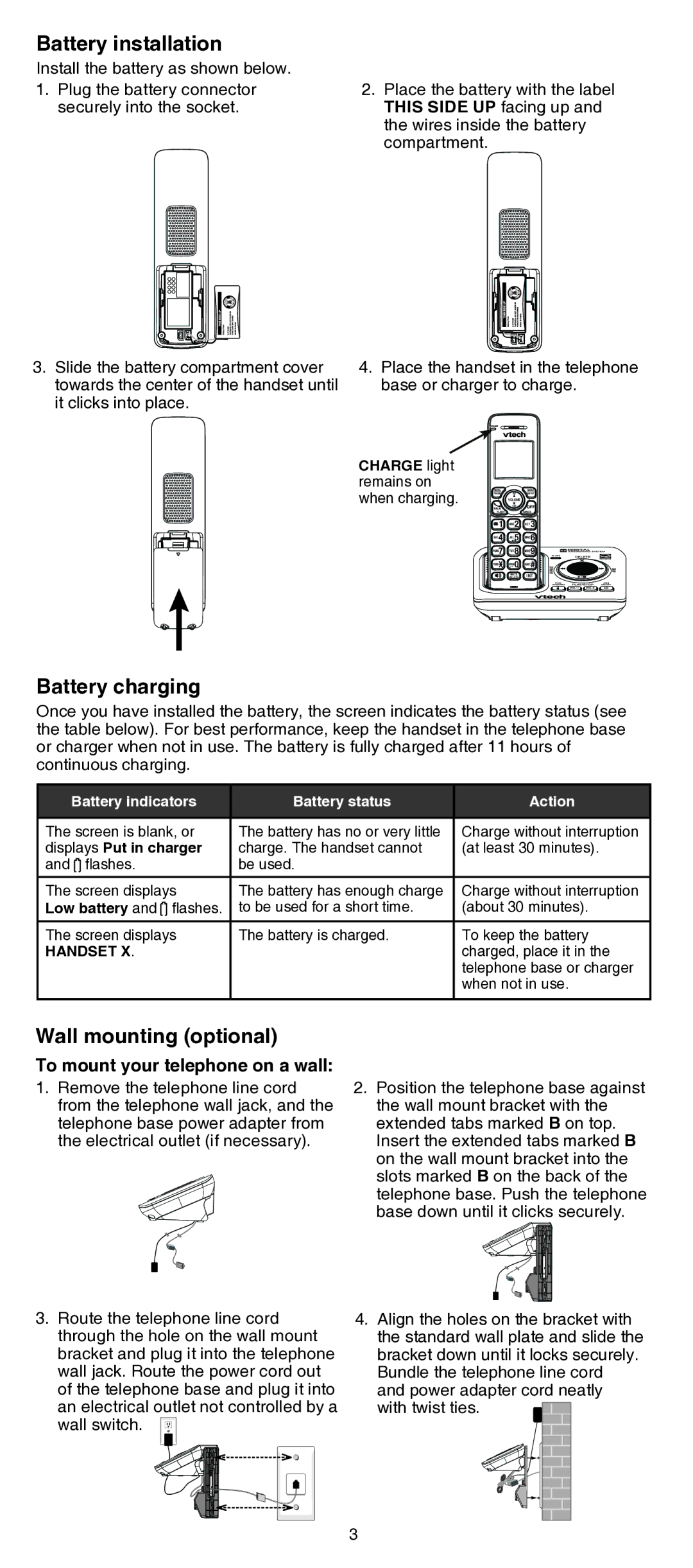 VTech CS6629/CS6629-2/CS6629-3 user manual Battery installation, Battery charging, Wall mounting optional 