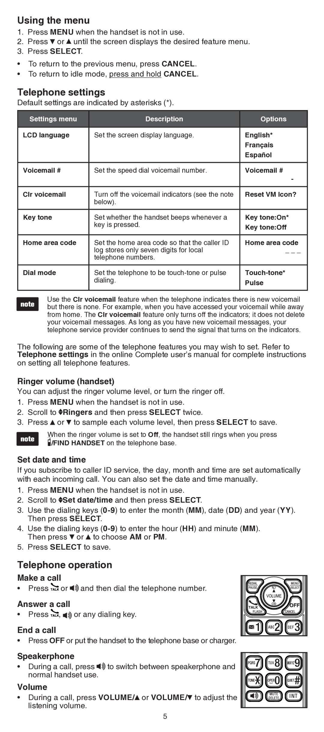 VTech CS6629/CS6629-2/CS6629-3 user manual Using the menu, Telephone settings, Telephone operation 