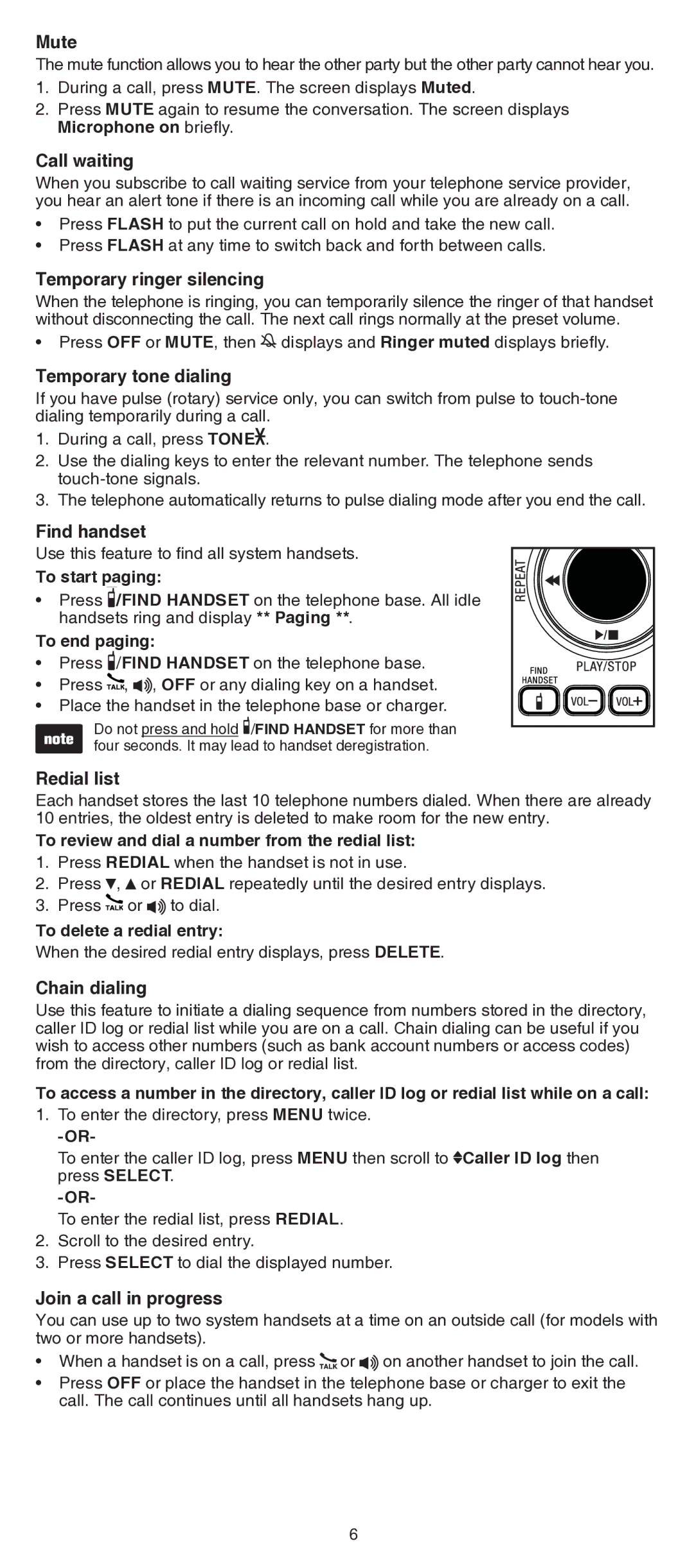 VTech CS6629/CS6629-2/CS6629-3 Mute, Call waiting, Temporary ringer silencing, Temporary tone dialing, Find handset 