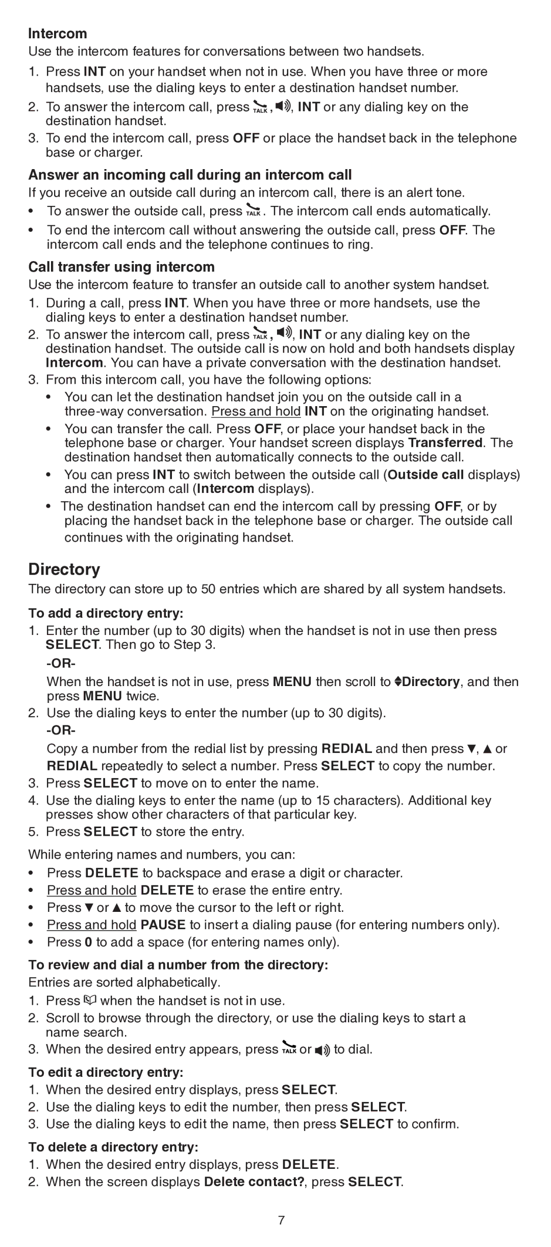 VTech CS6629/CS6629-2/CS6629-3 user manual Directory, Intercom, Answer an incoming call during an intercom call 