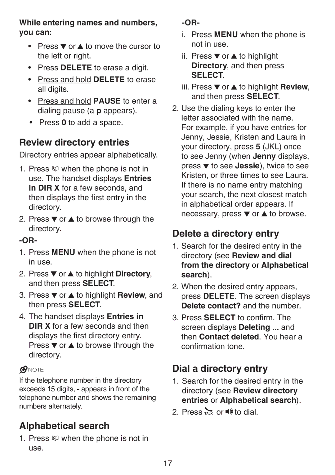 VTech CS6719 CS6719-15 CS6719-16 CS6719-2 Review directory entries, Alphabetical search, Delete a directory entry 