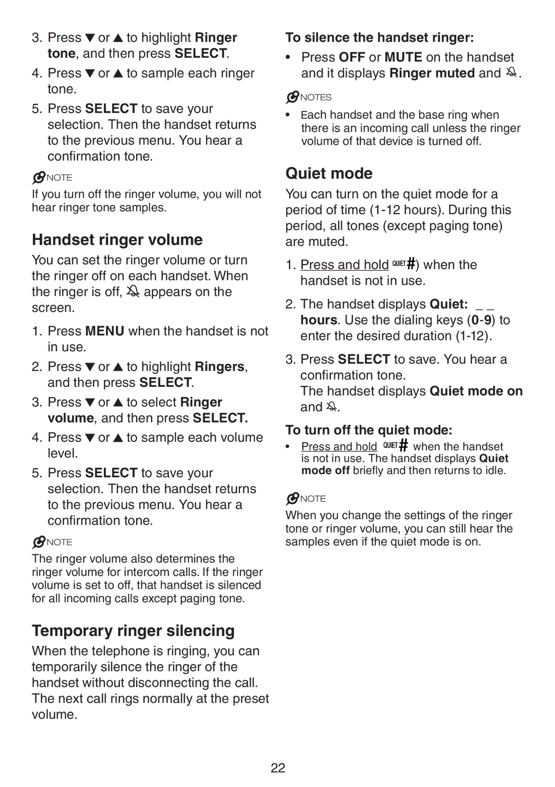 VTech CS6719 CS6719-15 CS6719-16 CS6719-2 user manual Handset ringer volume, Temporary ringer silencing, Quiet mode 