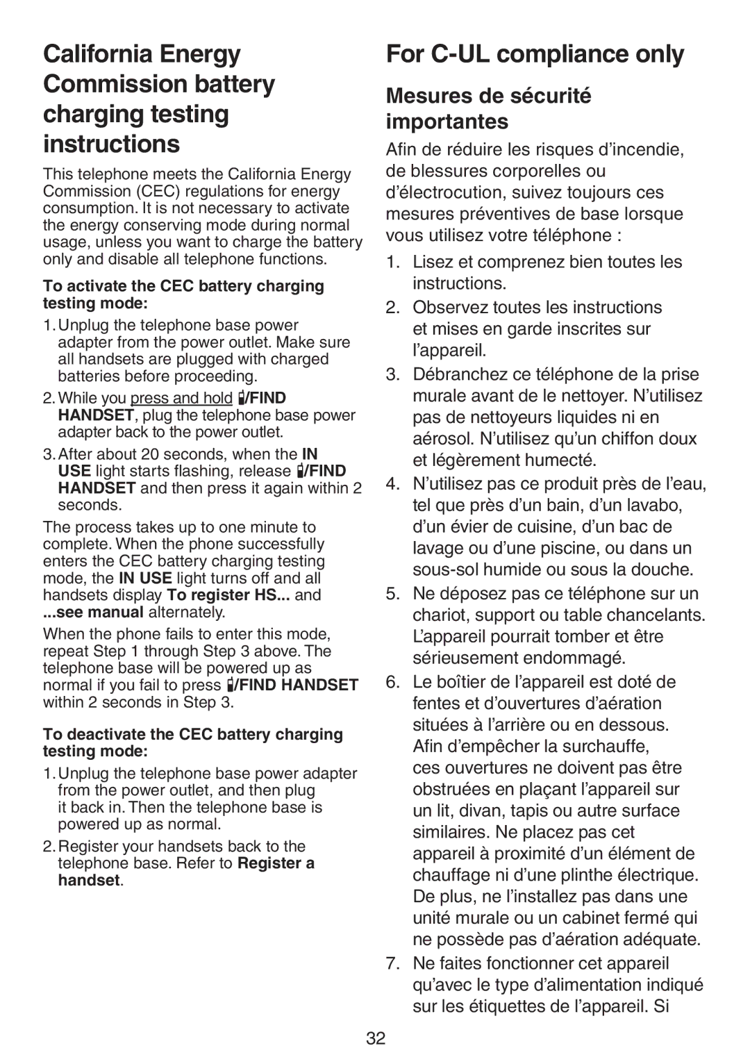 VTech CS6719 CS6719-15 CS6719-16 CS6719-2 user manual For C-UL compliance only, Mesures de sécurité importantes 