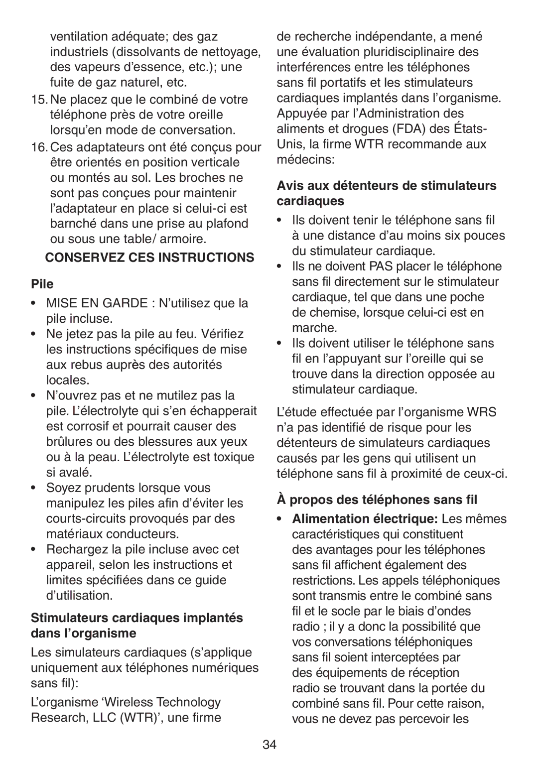 VTech CS6719 CS6719-15 CS6719-16 CS6719-2 user manual Pile, Stimulateurs cardiaques implantés dans l’organisme 