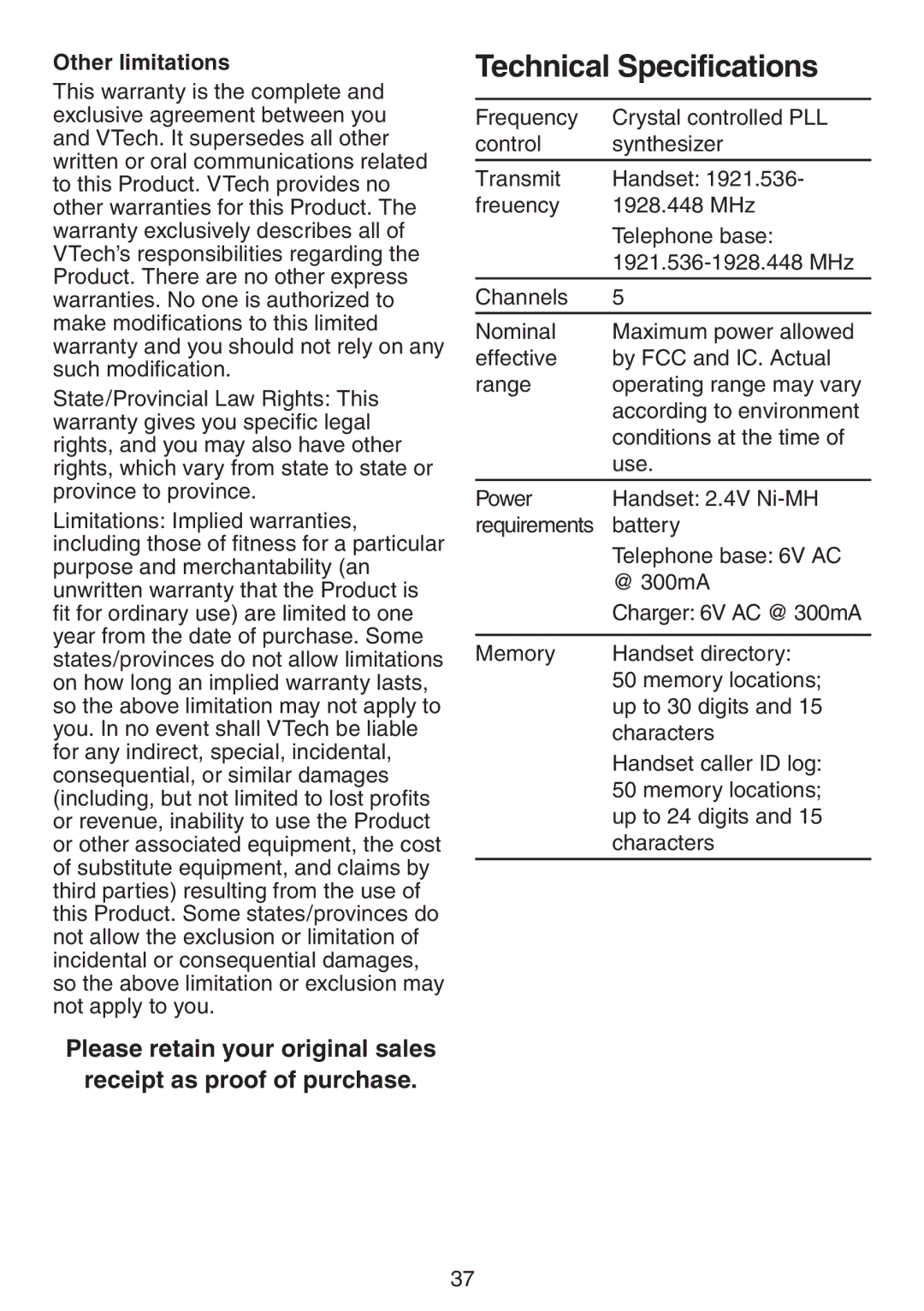 VTech CS6719 CS6719-15 CS6719-16 CS6719-2 user manual Technical Specifications, Other limitations 