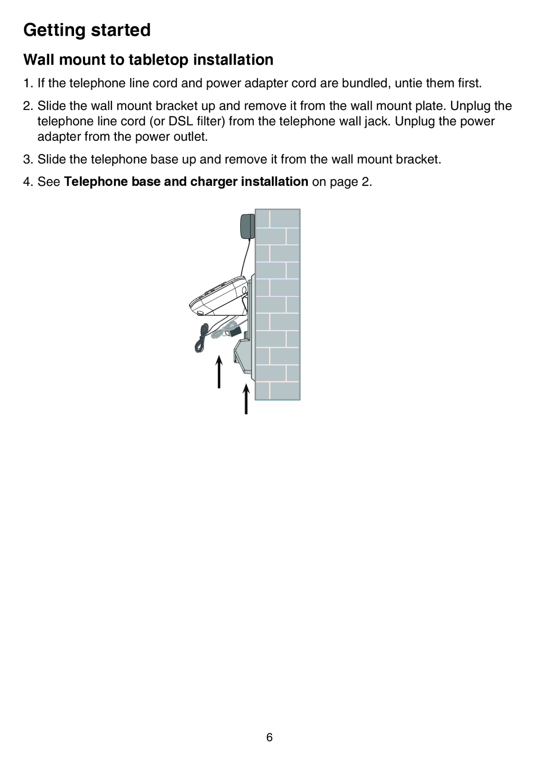 VTech CS6729-4D, CS6729-5, CS6729-21 Wall mount to tabletop installation, See Telephone base and charger installation on 