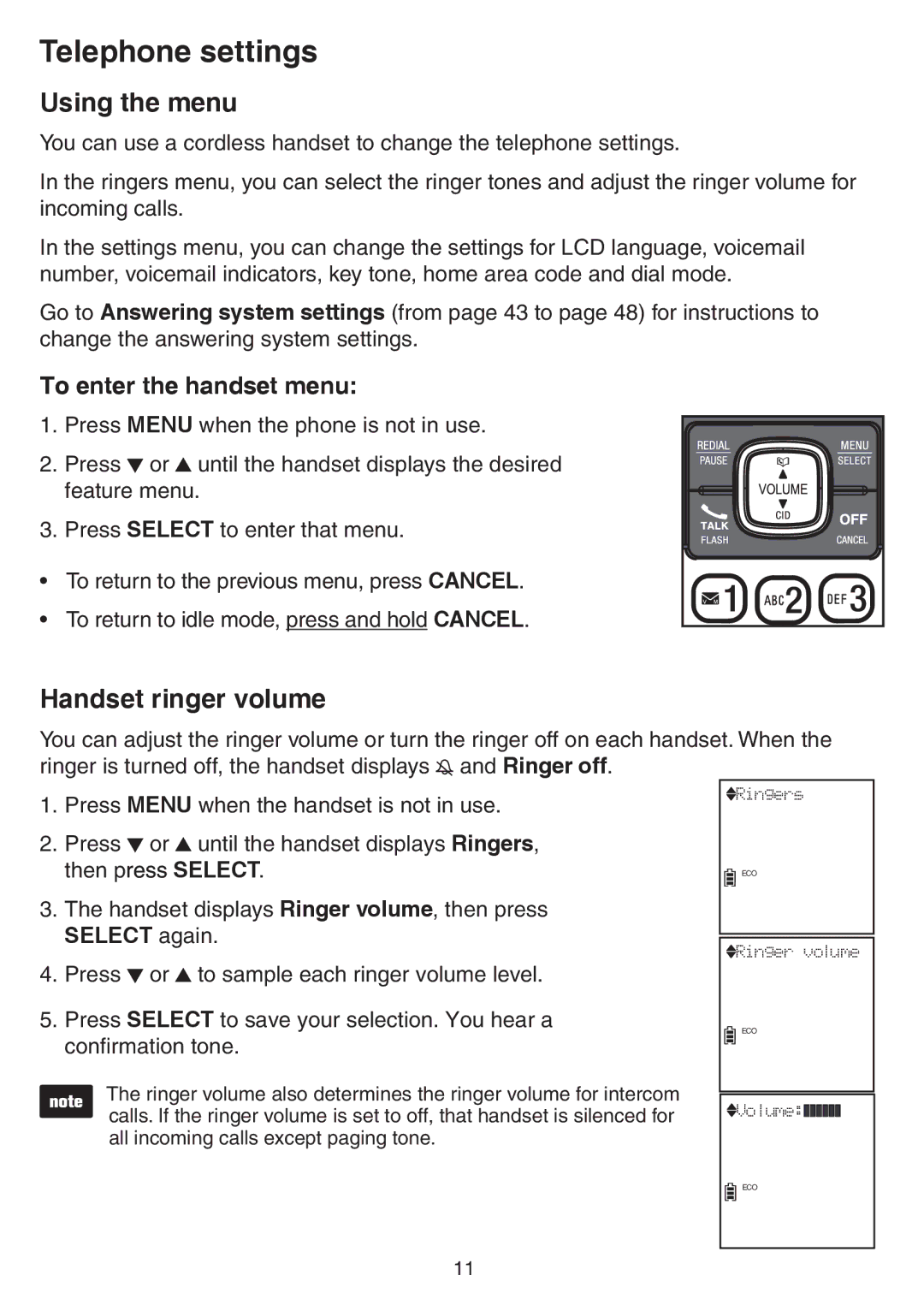 VTech CS6729-5 Telephone settings, Using the menu, Handset ringer volume, To enter the handset menu, Select again 