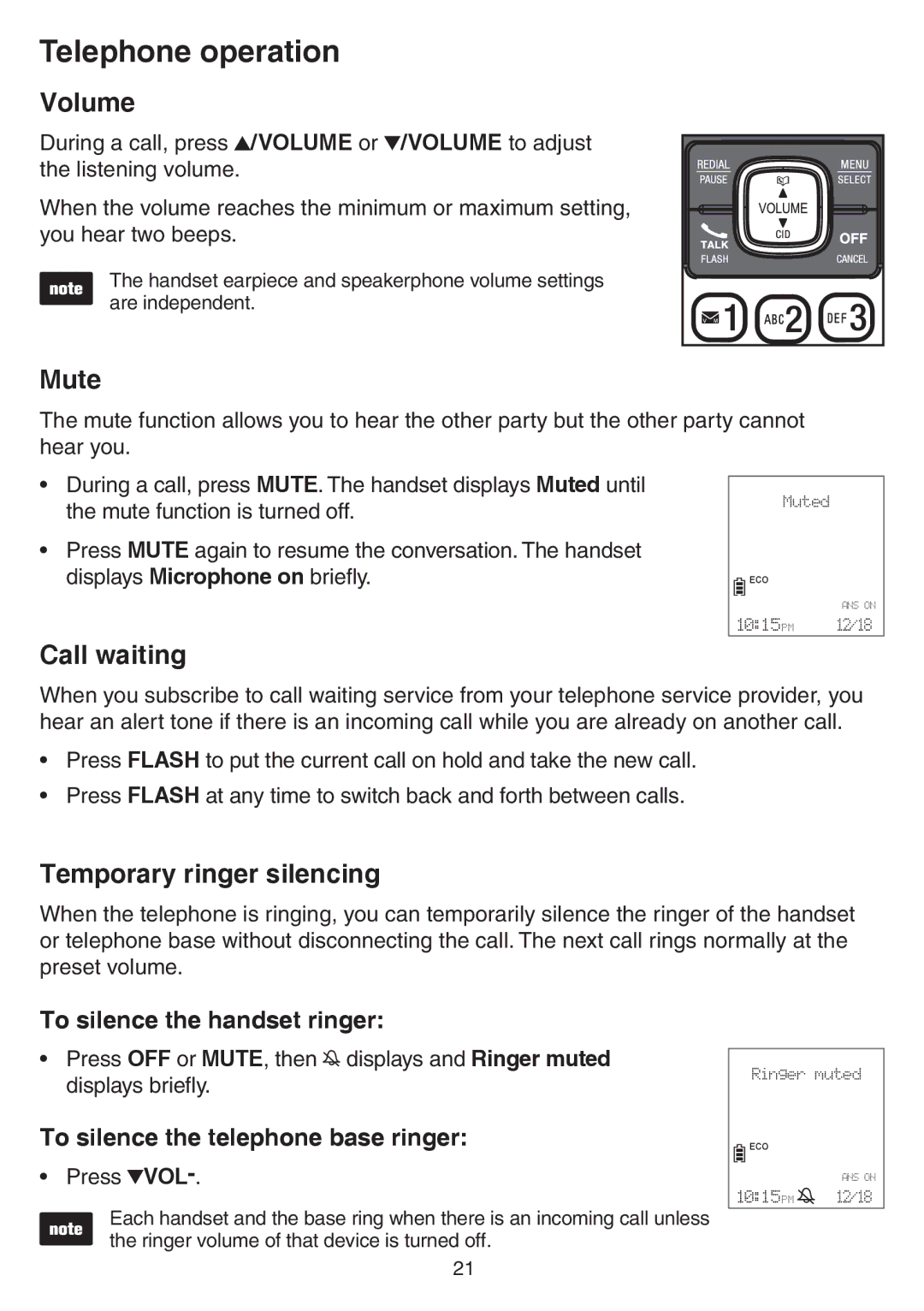 VTech CS6729-5, CS6729-21, CS6729-4D, CS6729-3 user manual Volume, Mute, Call waiting, Temporary ringer silencing 