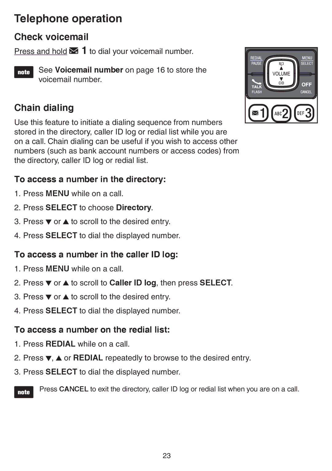 VTech CS6729-3 Check voicemail, Chain dialing, To access a number in the directory, To access a number on the redial list 