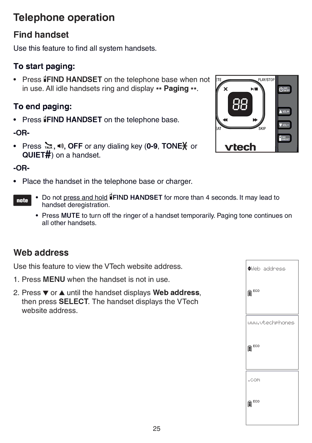 VTech CS6729-5, CS6729-21, CS6729-4D, CS6729-3 user manual Find handset, Web address, To start paging, To end paging 