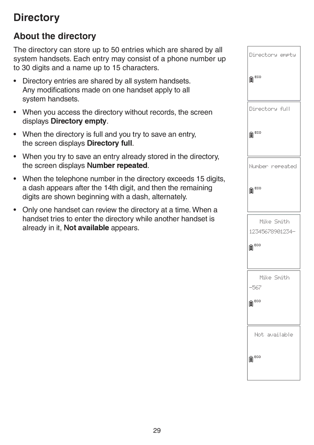 VTech CS6729-5, CS6729-21, CS6729-4D, CS6729-3 user manual Directory, About the directory 