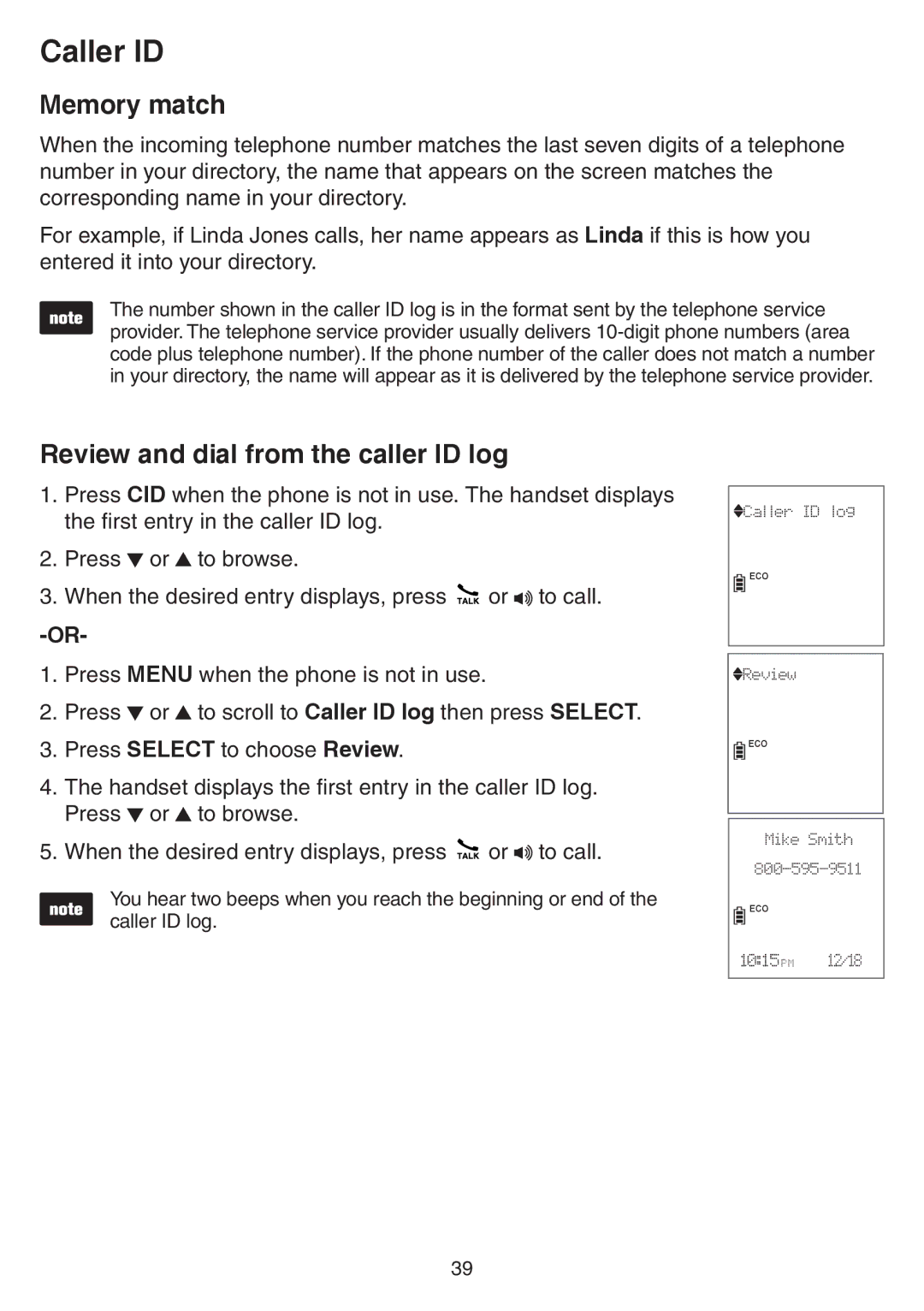 VTech CS6729-5, CS6729-21, CS6729-4D, CS6729-3 user manual Memory match, Review and dial from the caller ID log 