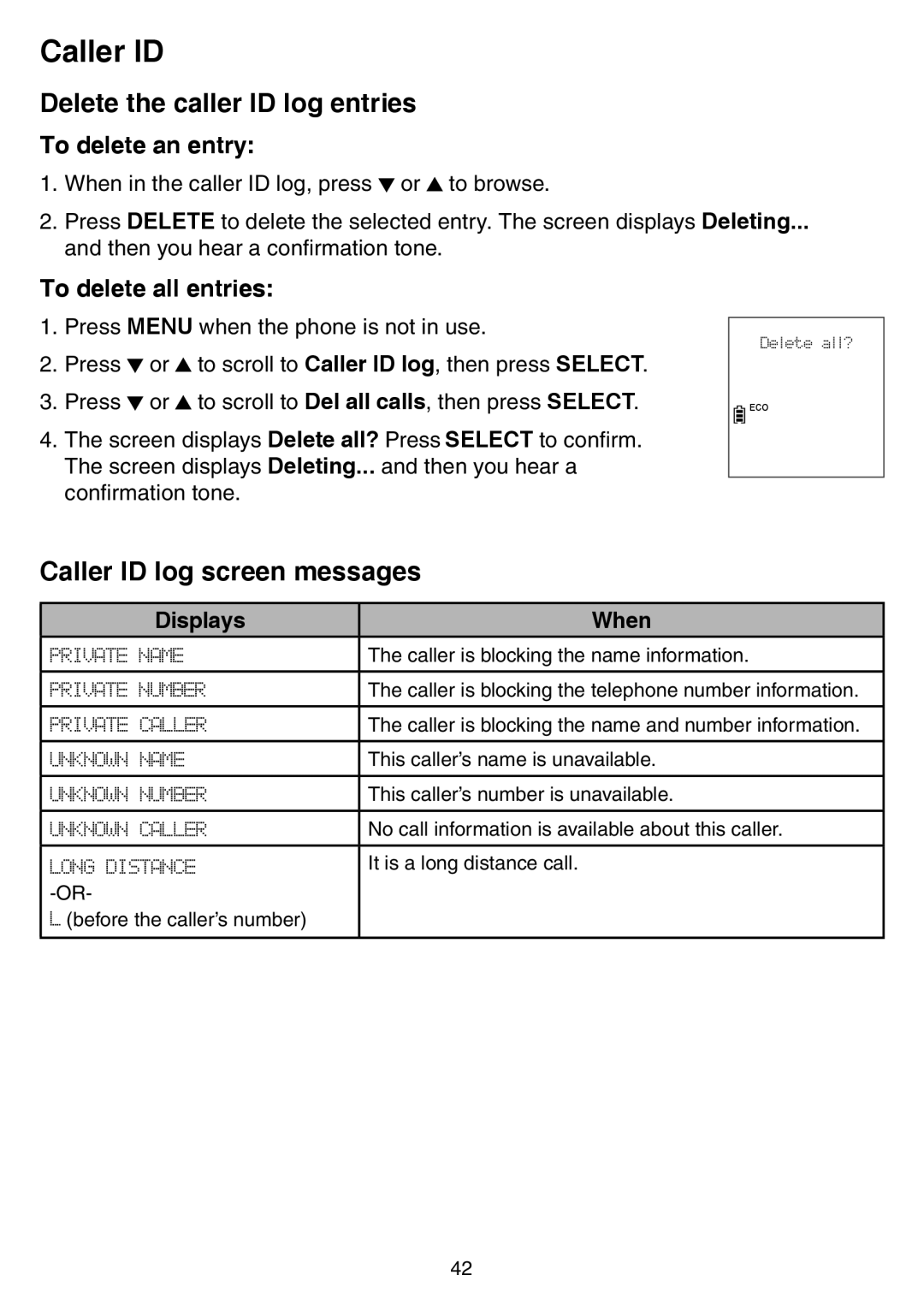 VTech CS6729-4 Delete the caller ID log entries, Caller ID log screen messages, To delete an entry, To delete all entries 