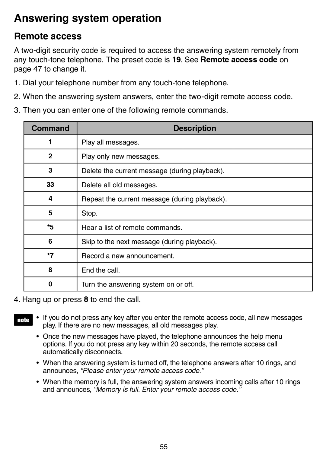 VTech CS6729-4D, CS6729-5, CS6729-21, CS6729-3 user manual Remote access, Command Description 