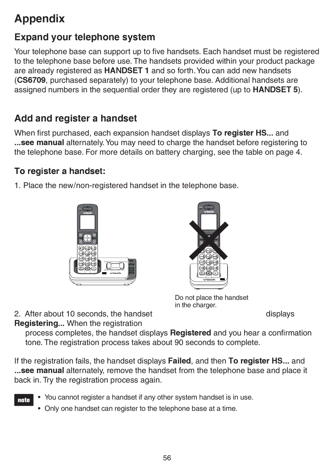 VTech CS6729-4, CS6729-5 Appendix, Expand your telephone system, Add and register a handset, To register a handset 