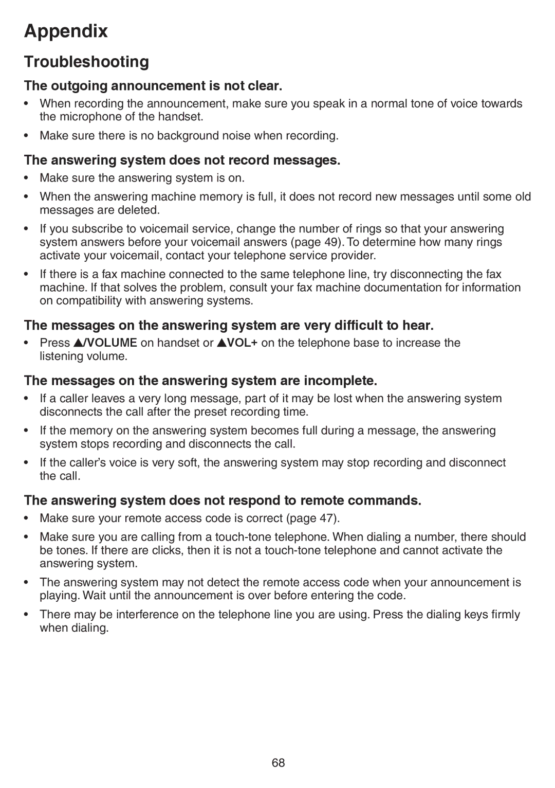 VTech CS6729-21, CS6729-5, CS6729-4D, CS6729-3 Outgoing announcement is not clear, Answering system does not record messages 