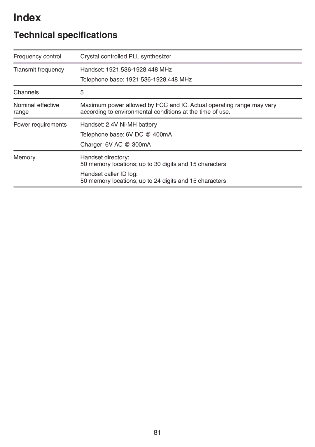 VTech CS6729-5, CS6729-21, CS6729-4D, CS6729-3 user manual Index, Technical specifications 