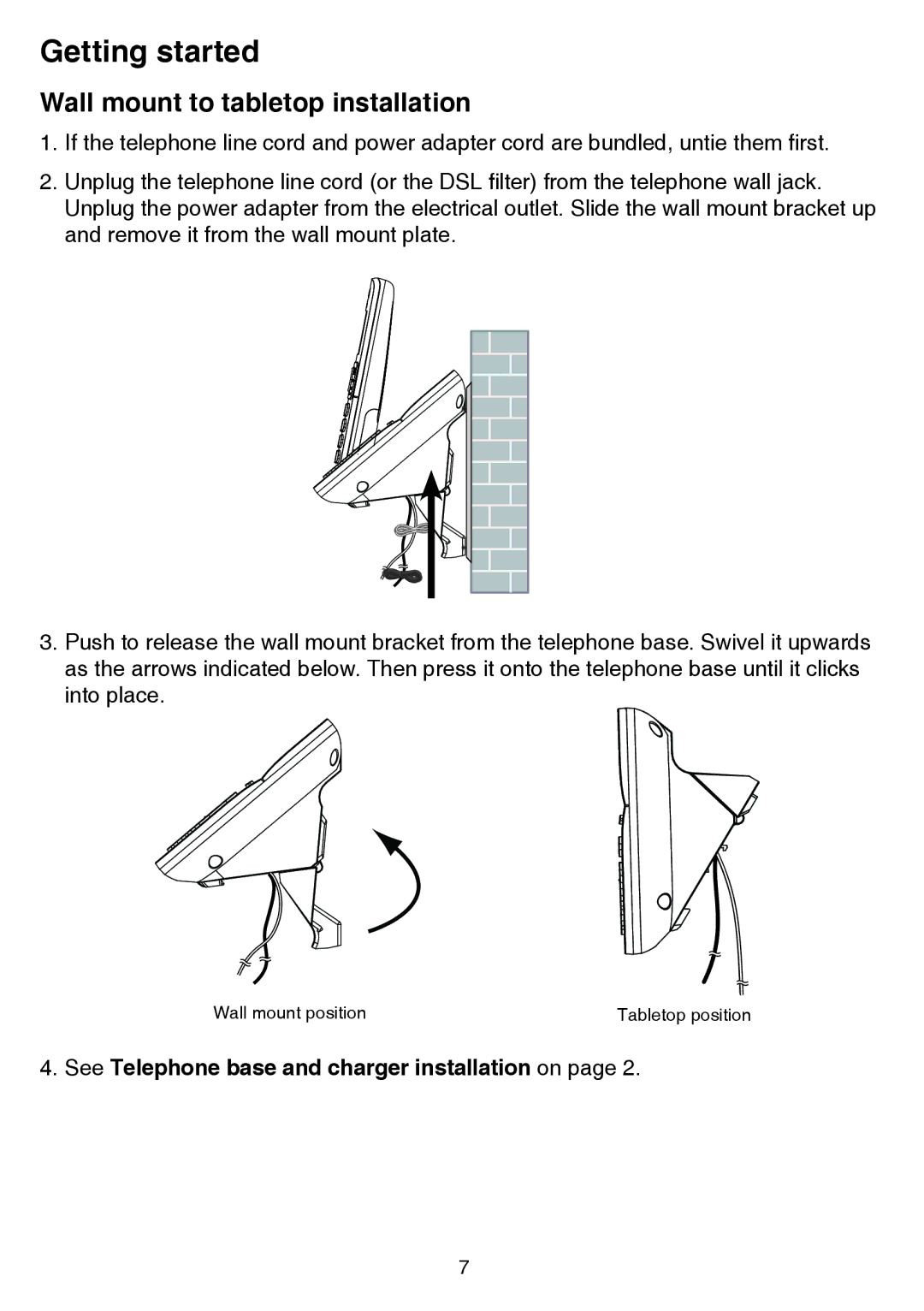 VTech cs6858-3, CS6859-2 user manual Wall mount to tabletop installation, See Telephone base and charger installation on 