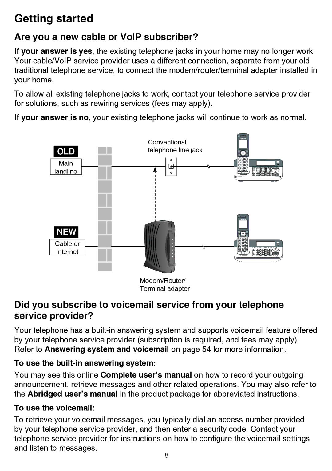 VTech CS6859-2 Are you a new cable or VoIP subscriber?, To use the built-in answering system, To use the voicemail 