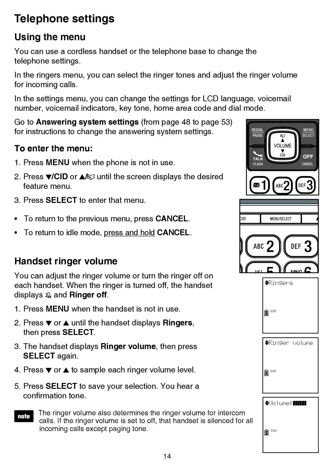 VTech CS6859-2, cs6858-3 user manual Telephone settings, Using the menu, Handset ringer volume, To enter the menu 