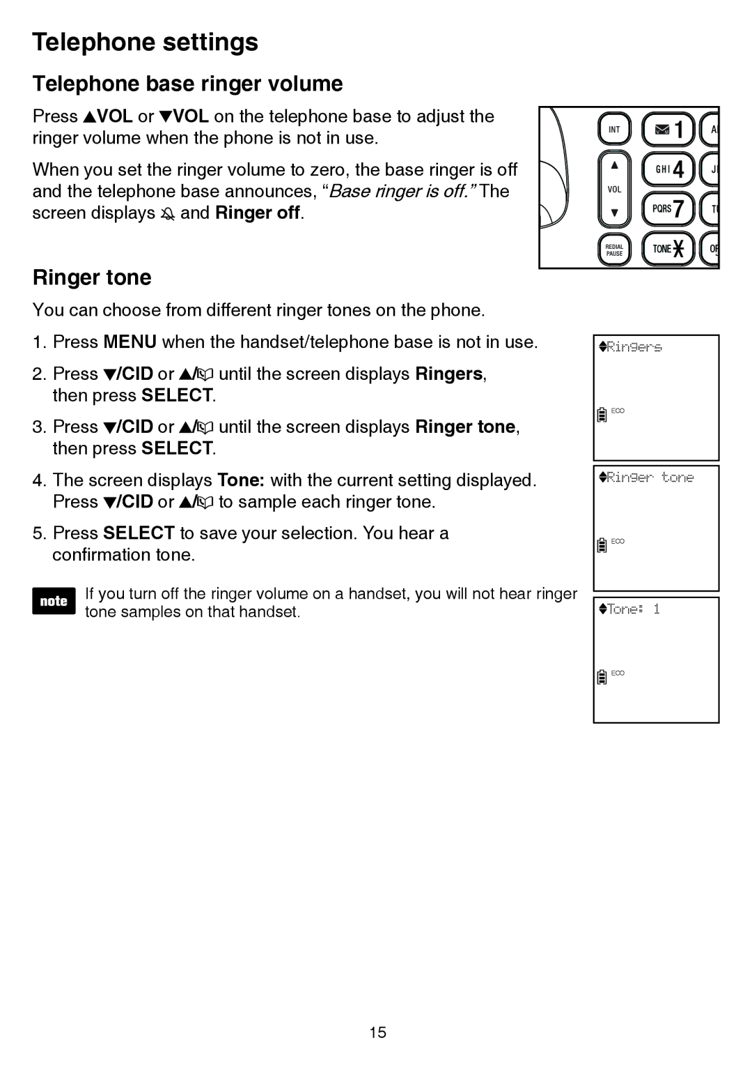 VTech CS6859-2, cs6858-3 user manual Telephone base ringer volume, Ringer tone 