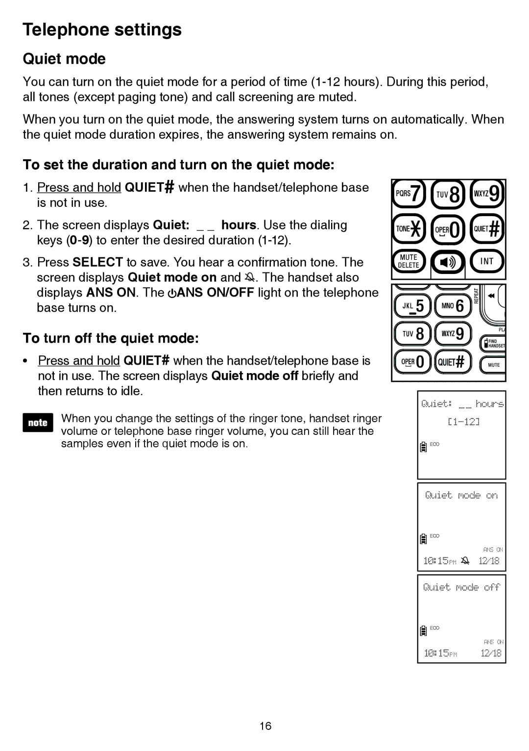 VTech cs6858-3, CS6859-2 user manual Quiet mode, To set the duration and turn on the quiet mode, To turn off the quiet mode 