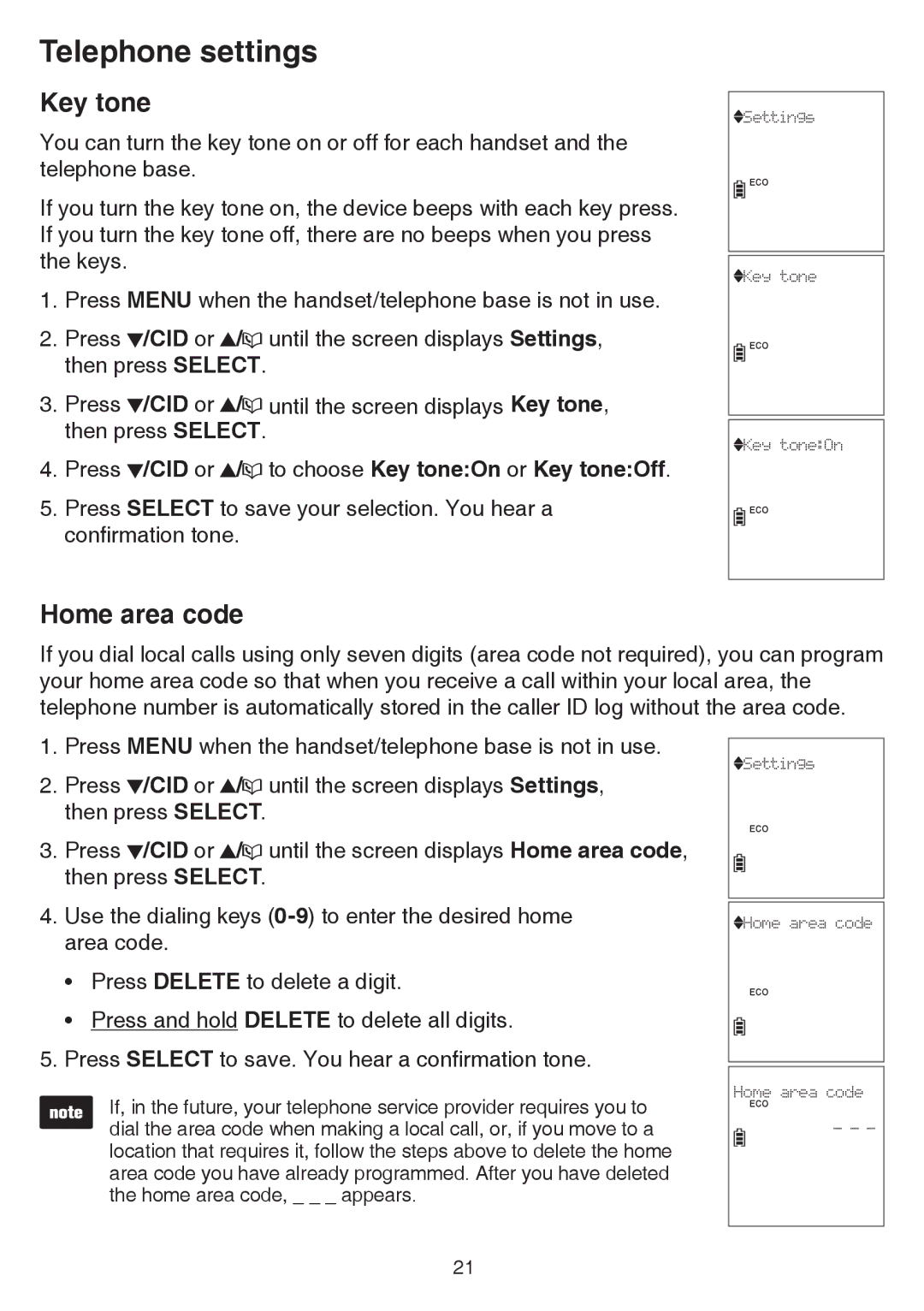 VTech CS6859-2, cs6858-3 user manual Home area code, Press /CID or / to choose Key toneOn or Key toneOff 