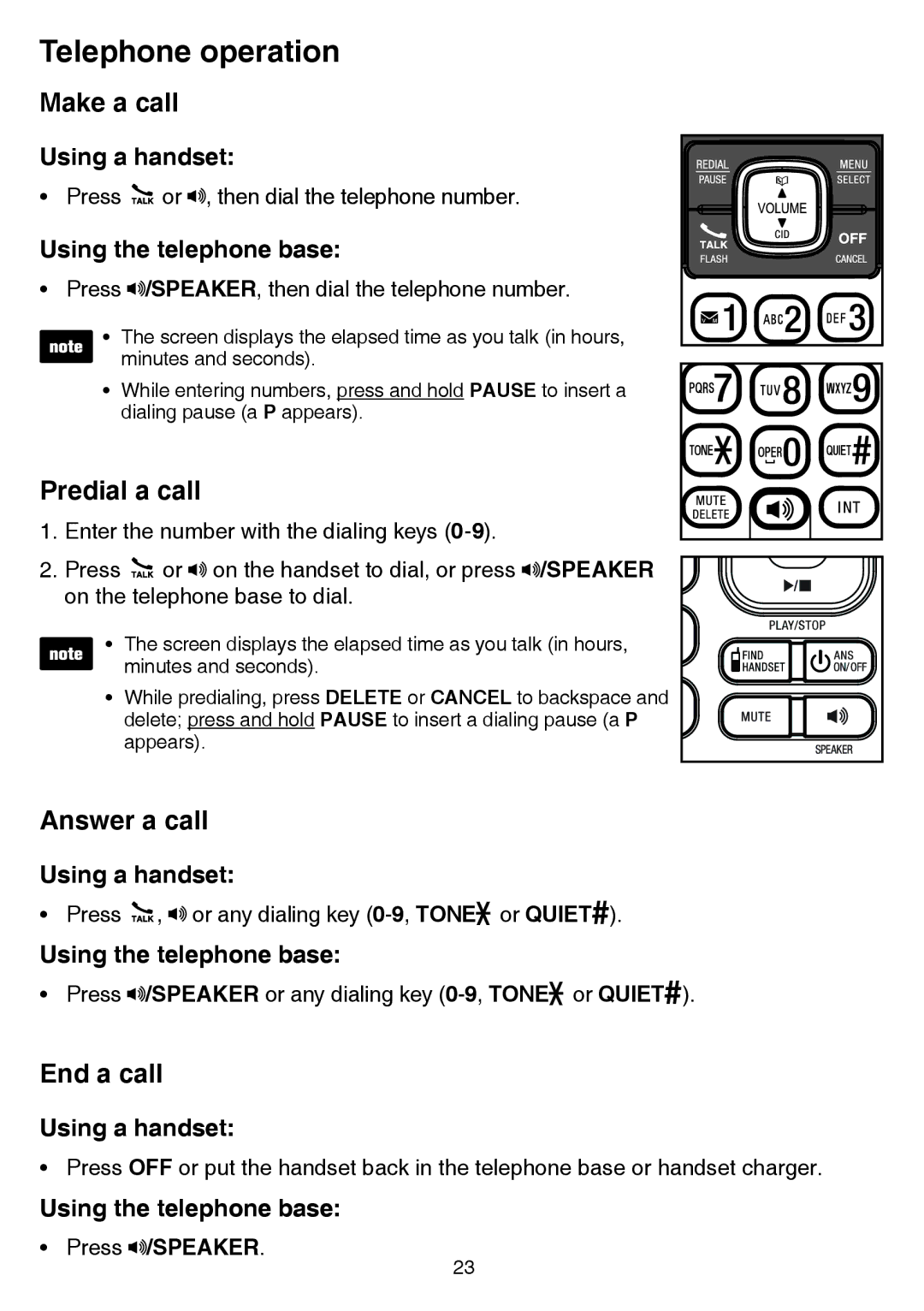 VTech CS6859-2, cs6858-3 user manual Telephone operation, Make a call, Predial a call, Answer a call, End a call 