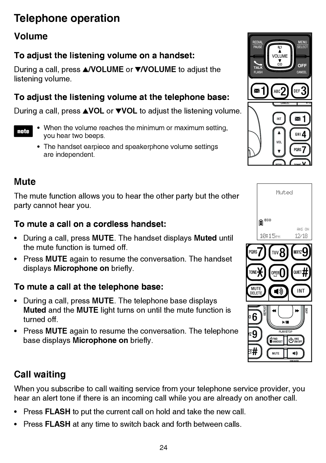 VTech CS6859-2, cs6858-3 user manual Volume, Mute, Call waiting 