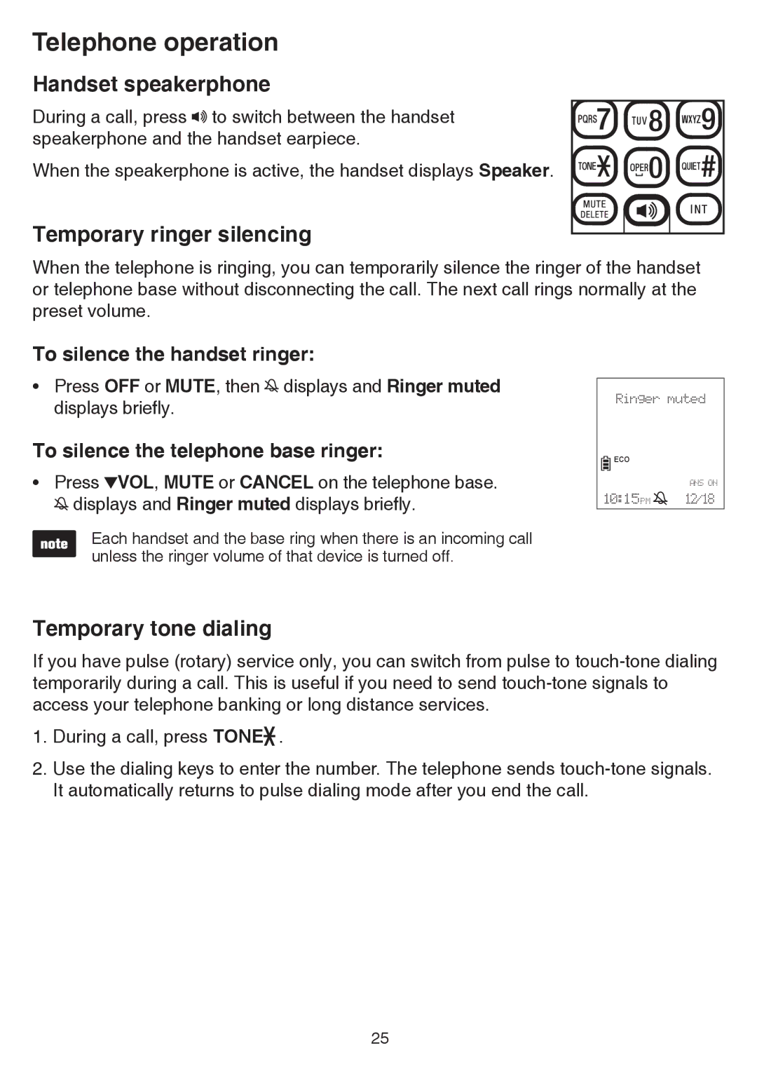 VTech cs6858-3 Handset speakerphone, Temporary ringer silencing, Temporary tone dialing, To silence the handset ringer 