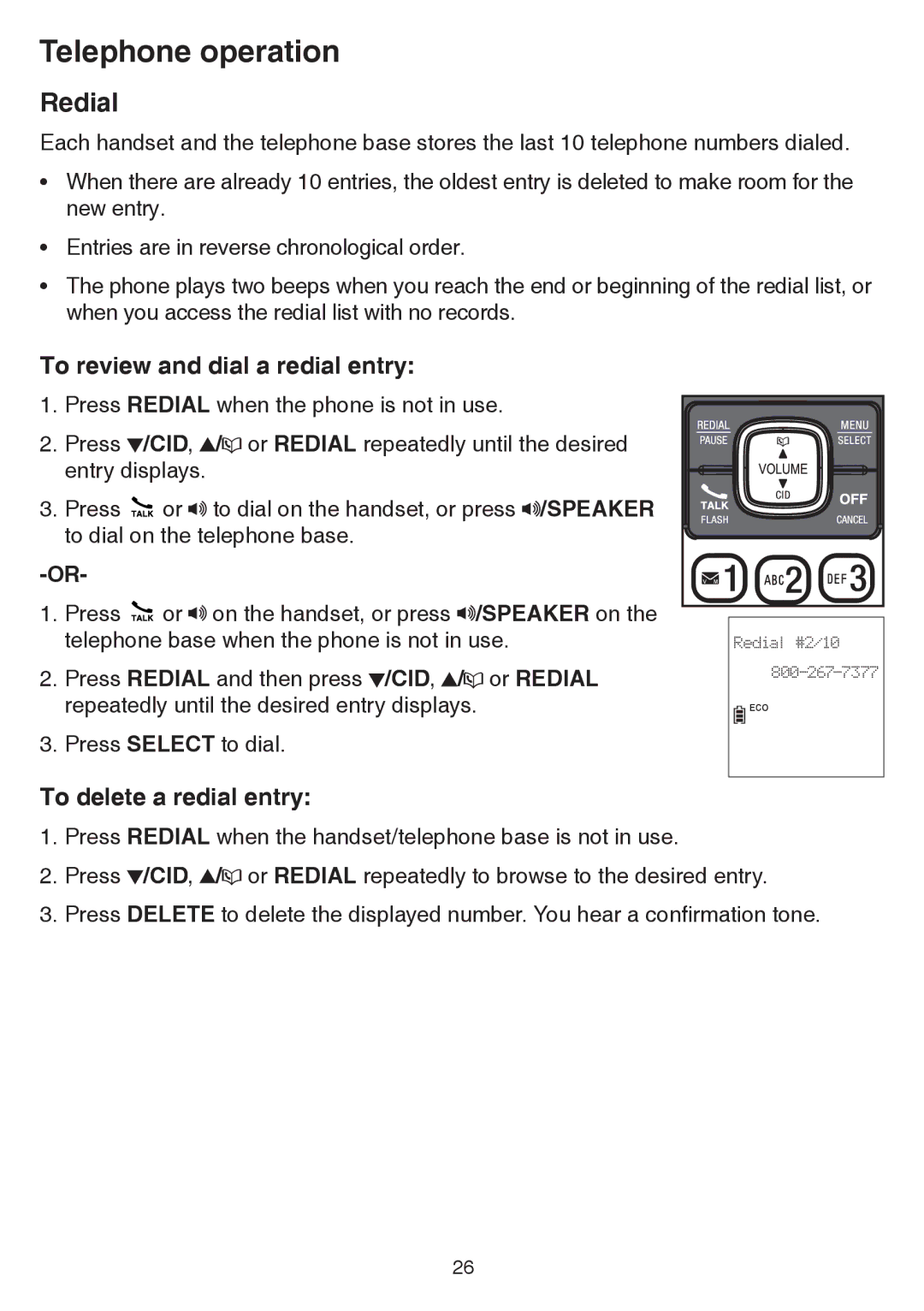 VTech CS6859-2, cs6858-3 user manual Redial, To review and dial a redial entry, To delete a redial entry 