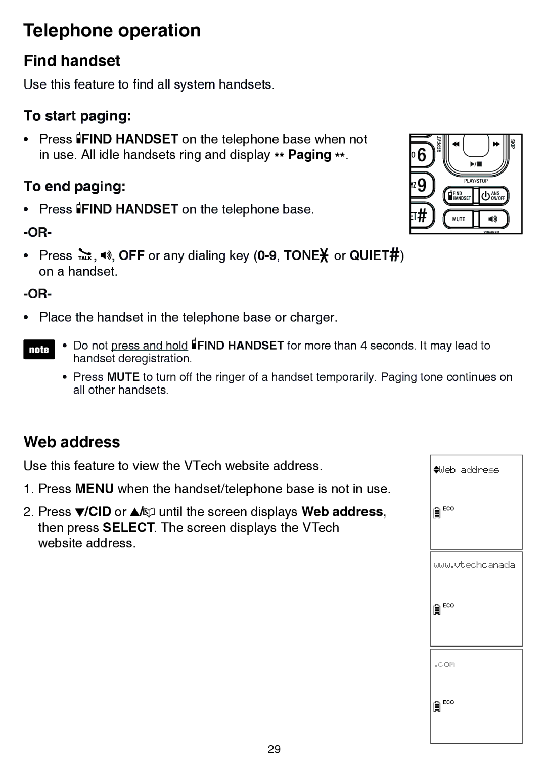 VTech CS6859-2, cs6858-3 user manual Find handset, Web address, To start paging, To end paging 