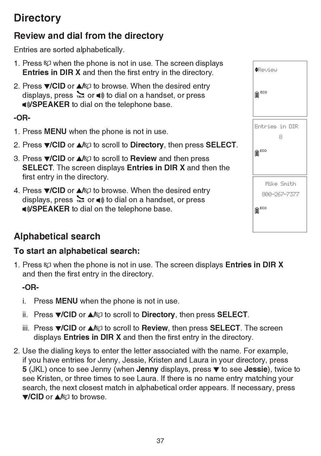 VTech cs6858-3, CS6859-2 Review and dial from the directory, Alphabetical search, To start an alphabetical search 