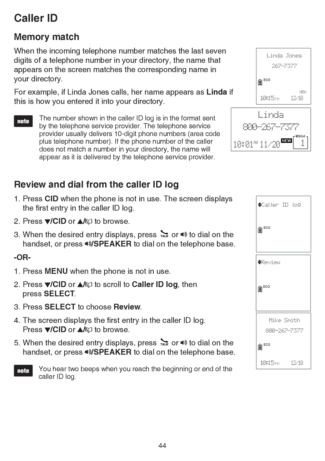 VTech CS6859-2, cs6858-3 user manual Memory match, Review and dial from the caller ID log 