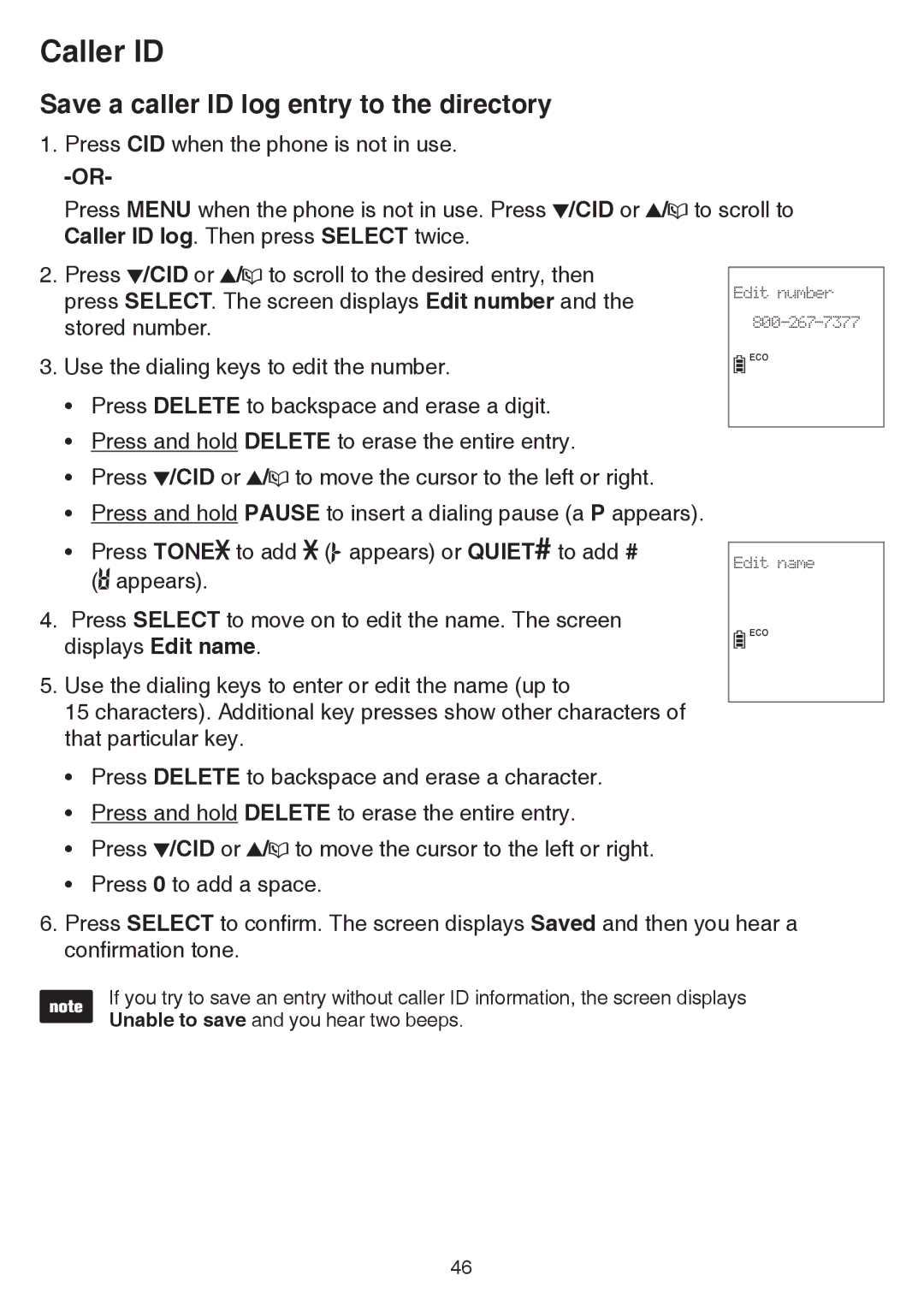 VTech cs6858-3, CS6859-2 user manual Save a caller ID log entry to the directory 