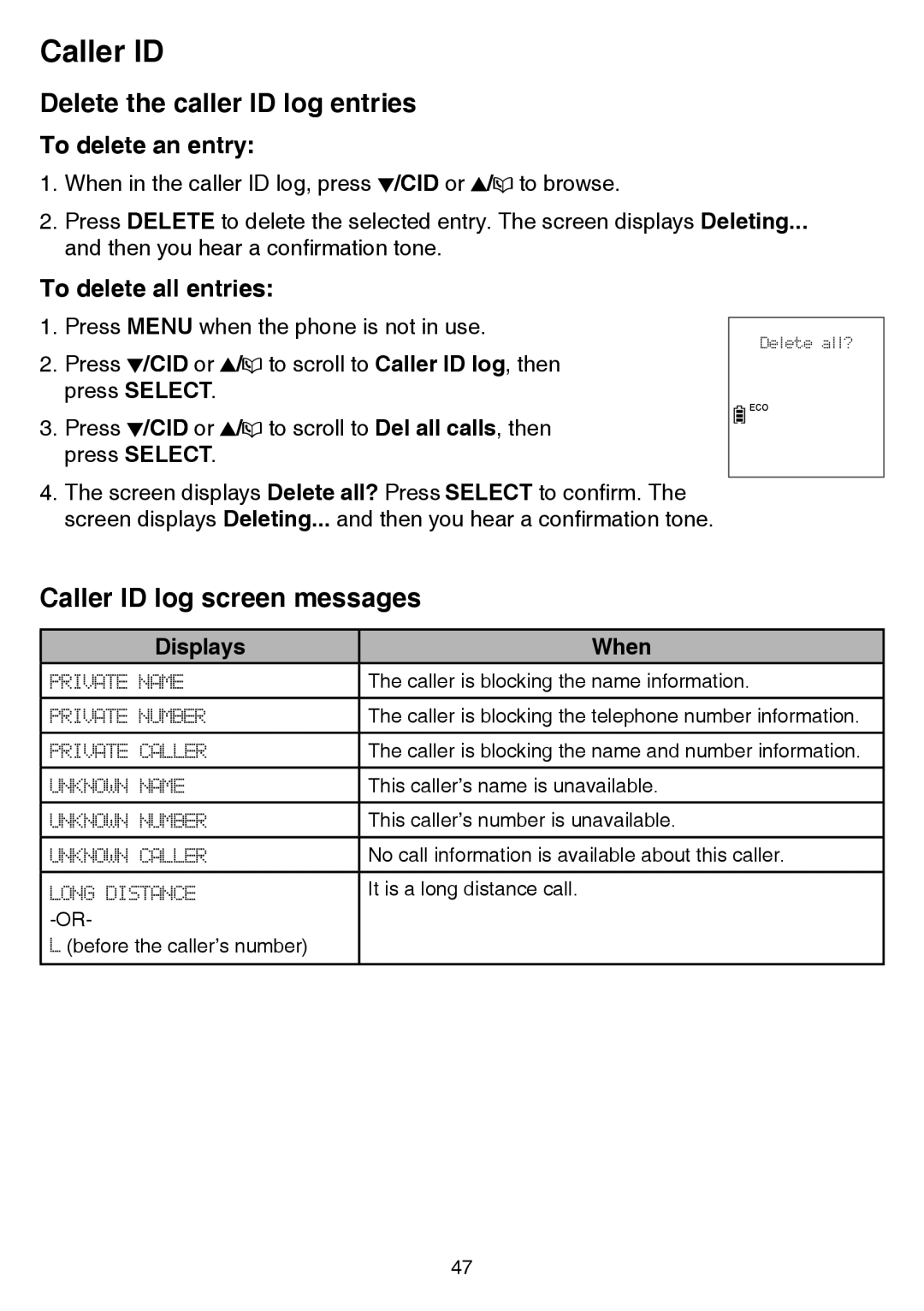 VTech CS6859-2 Delete the caller ID log entries, Caller ID log screen messages, To delete an entry, To delete all entries 