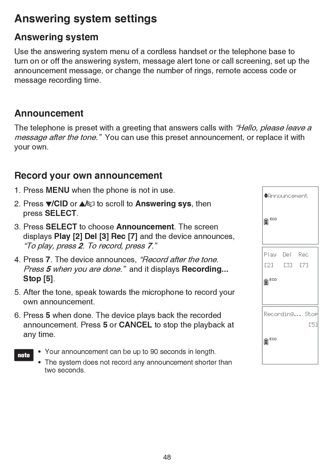 VTech CS6859-2, cs6858-3 user manual Answering system settings, Announcement, Record your own announcement, Stop 